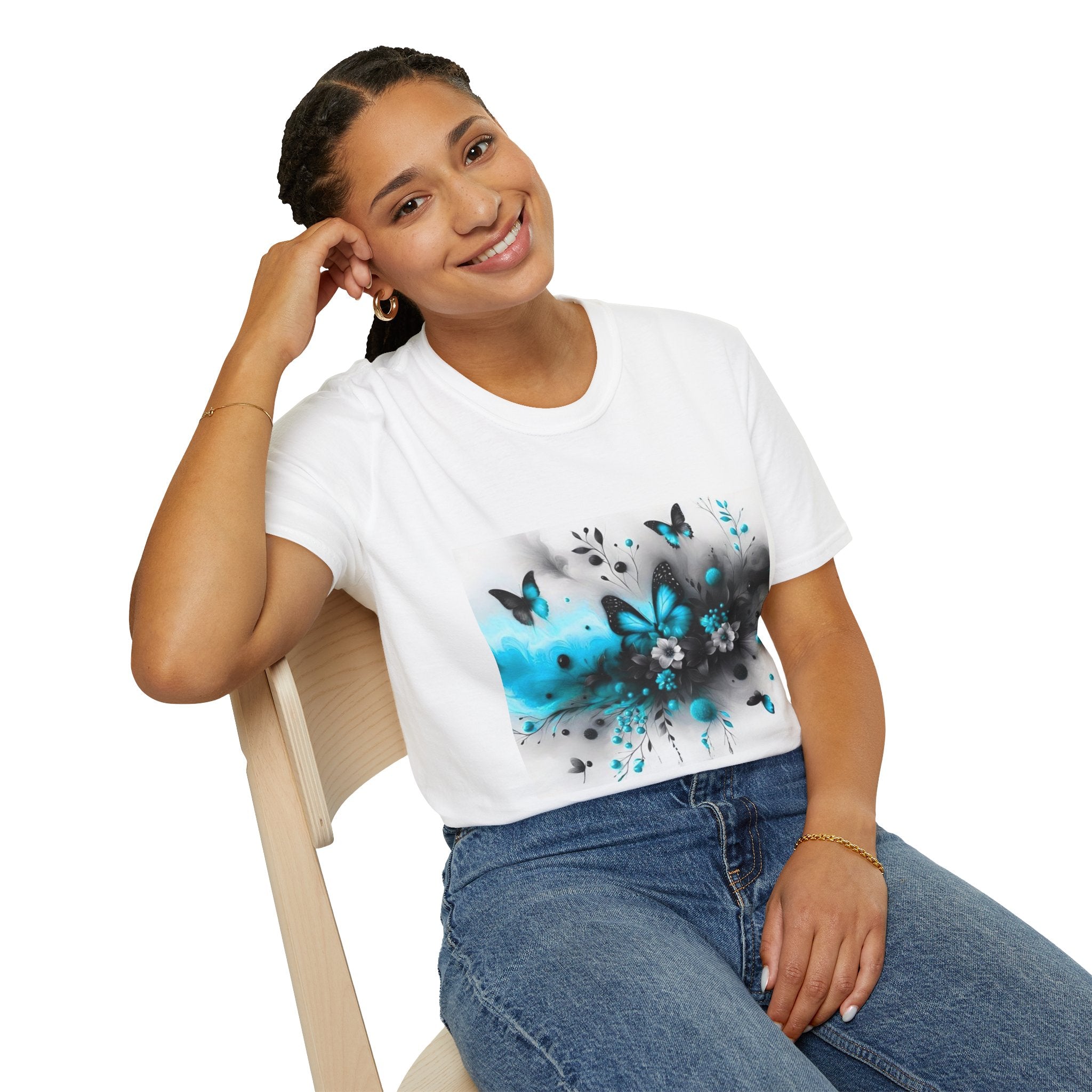 Floral Butterfly T-Shirt — Blue & Orange Watercolor Flower Graphic Tee