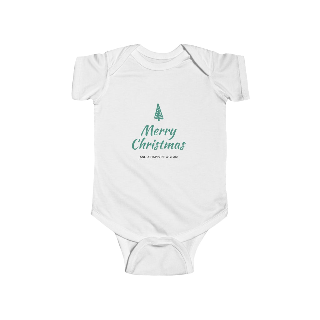 Baby Bodysuit - Merry Christmas Holiday Infant Onesie with Green Tree Print