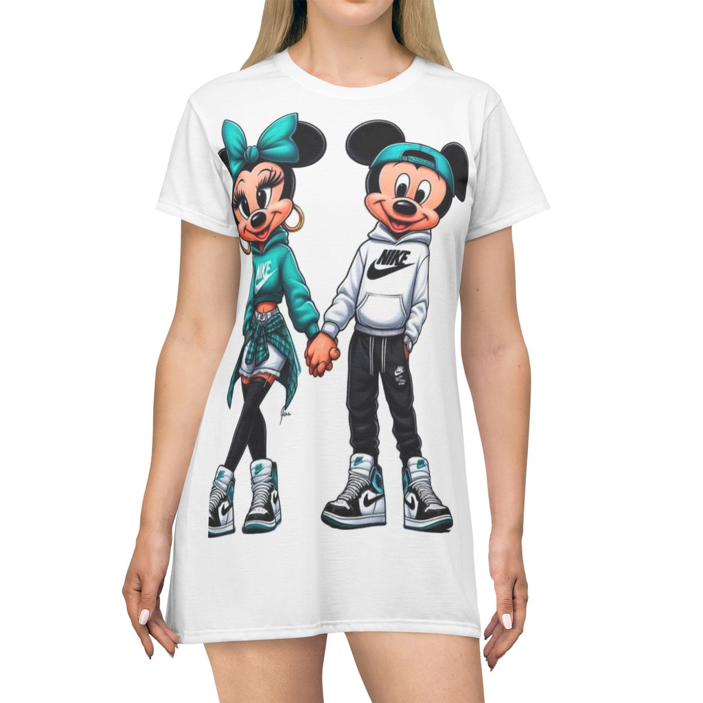 Cartoon Mouse Couple T-Shirt Dress – Trendy Athletic Tee Dress with Cute Sneakers Print