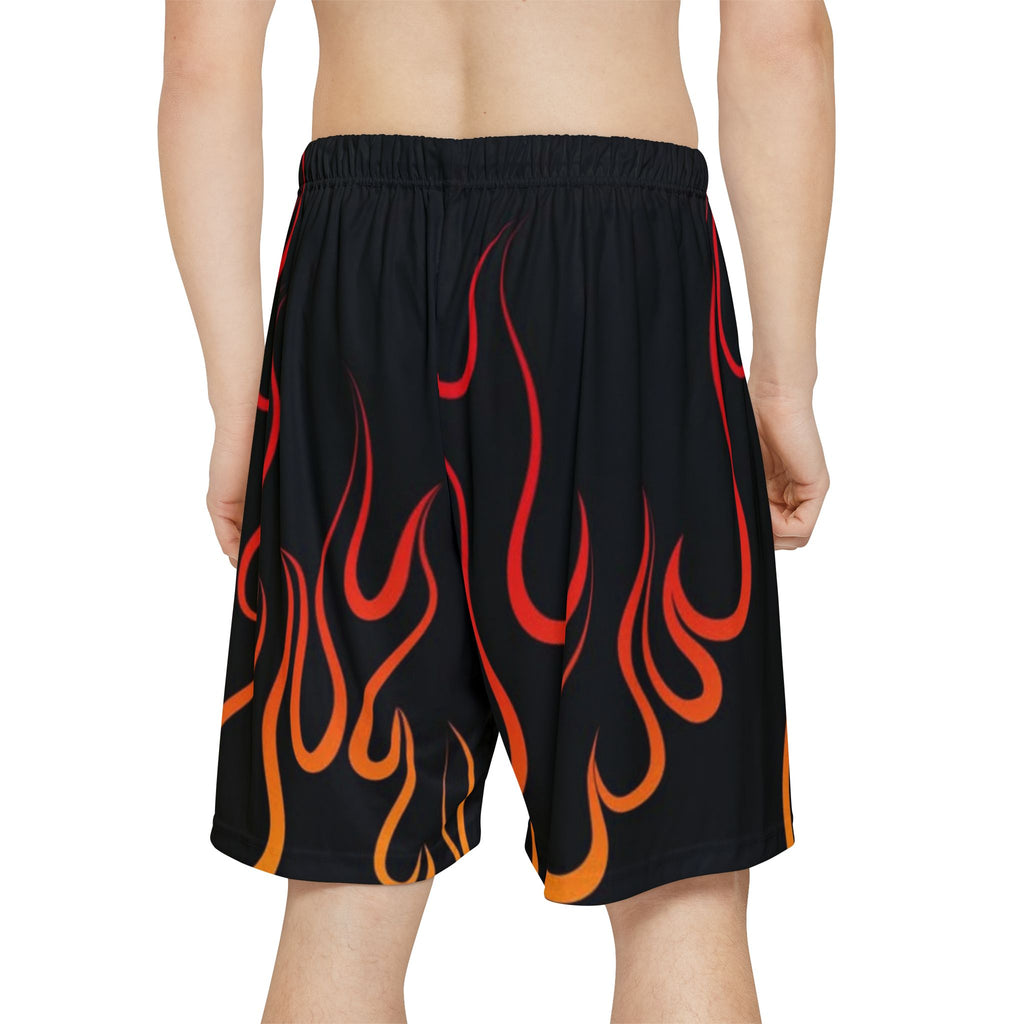 Flame Print Athletic Shorts — Retro Red & Orange Fire Pattern