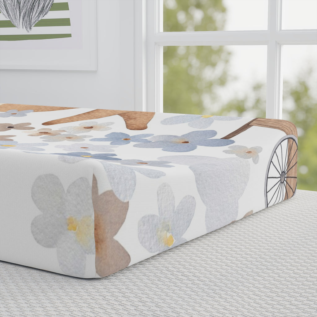 Floral Adventure Baby Changing Pad Cover — Neutral Woodland Bear & Blue Blossoms