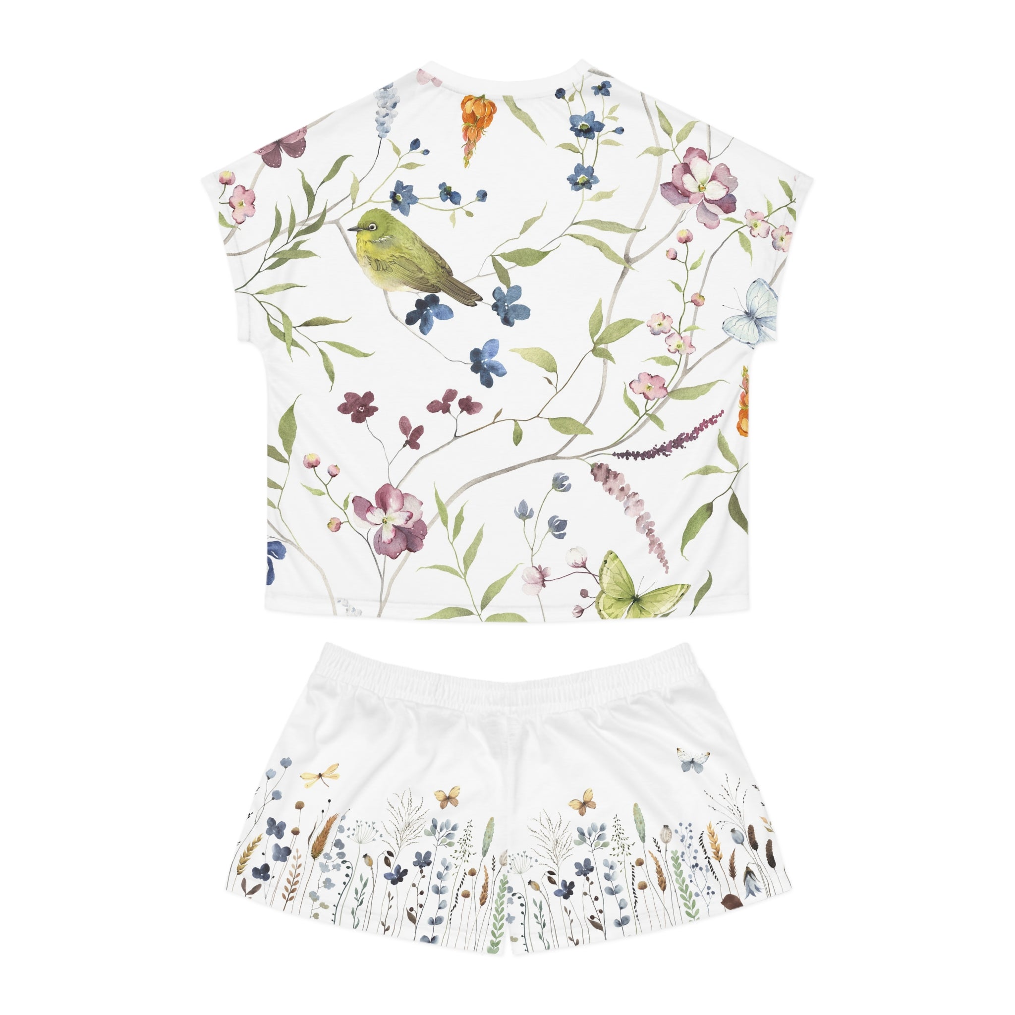 Floral Bird Women’s Short Pajama Set – Watercolor Wildflower Sleepwear