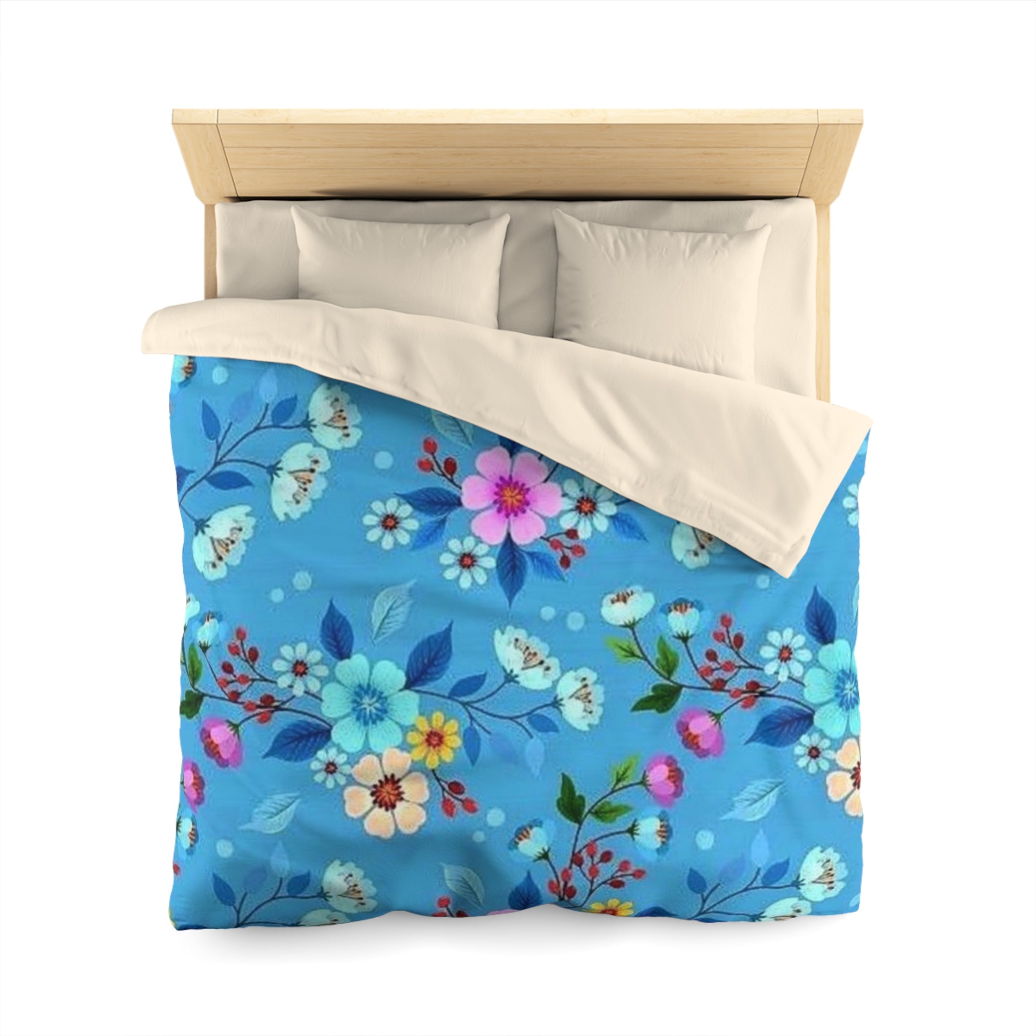 Floral Blue Microfiber Duvet Cover — Bright Blossom Bedspread