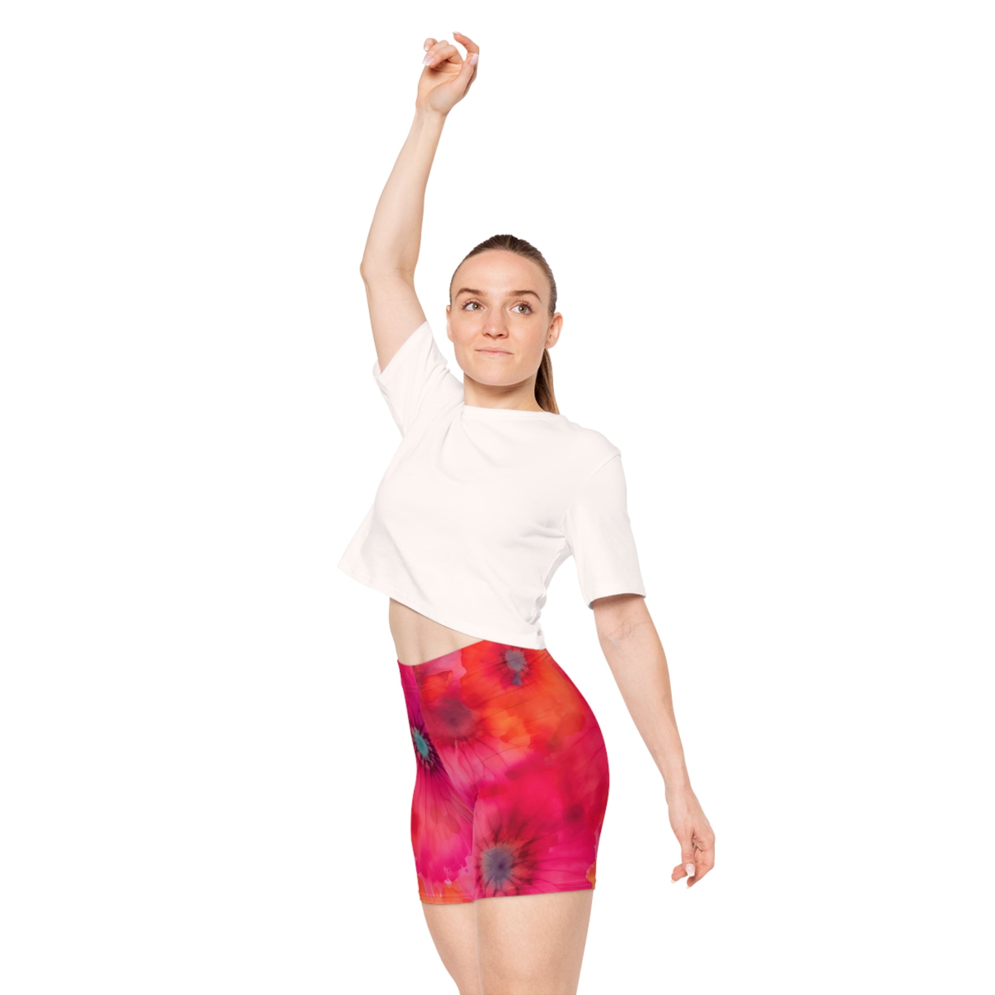 Floral Watercolor Biker Shorts — Pink Orange Daisy All-Over Print