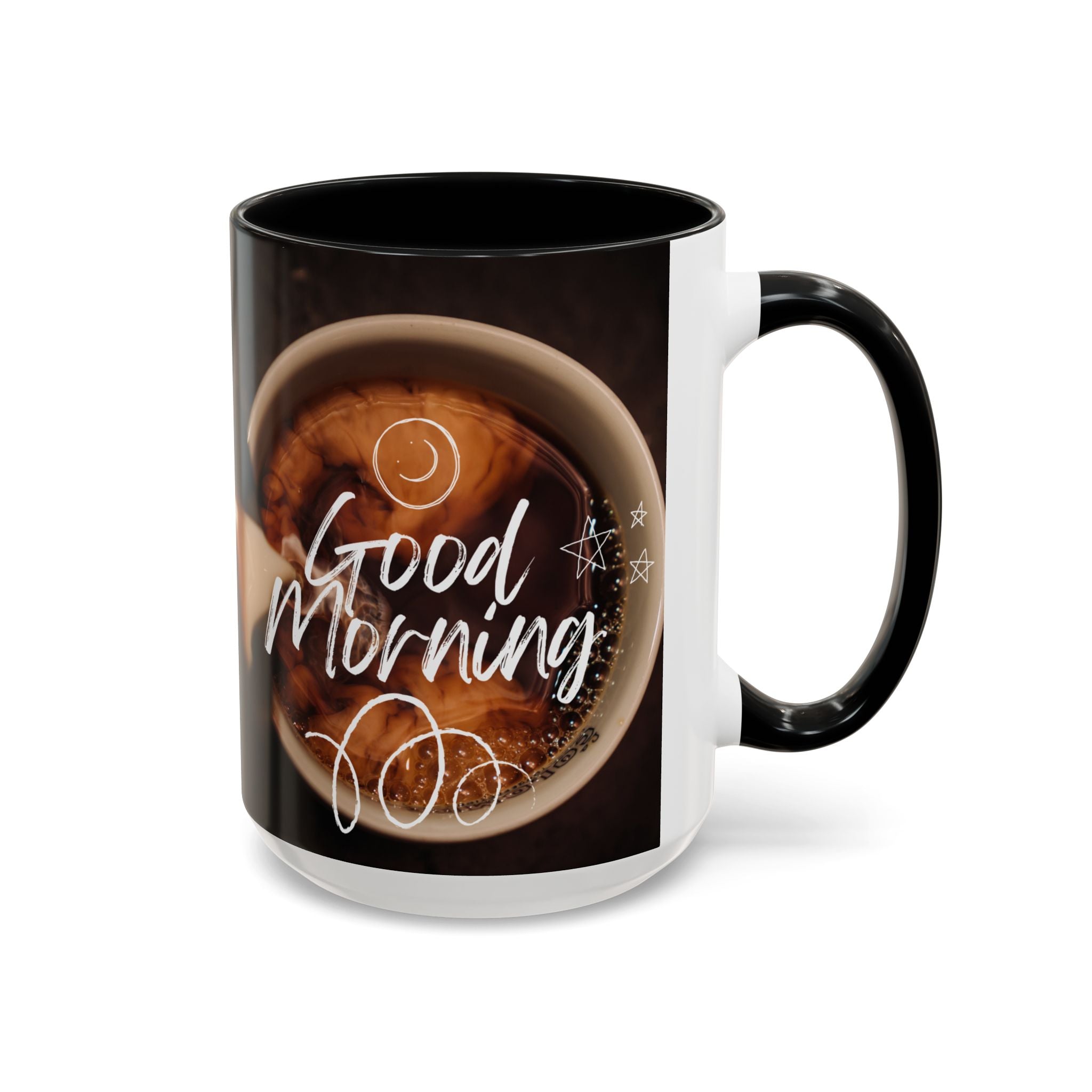 Good Morning Coffee Mug — 11/15oz Accent Ceramic Cup (Black Handle & Interior)