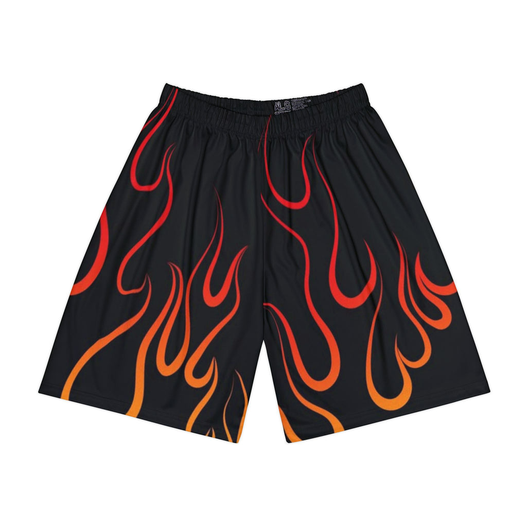 Flame Print Athletic Shorts — Retro Red & Orange Fire Pattern