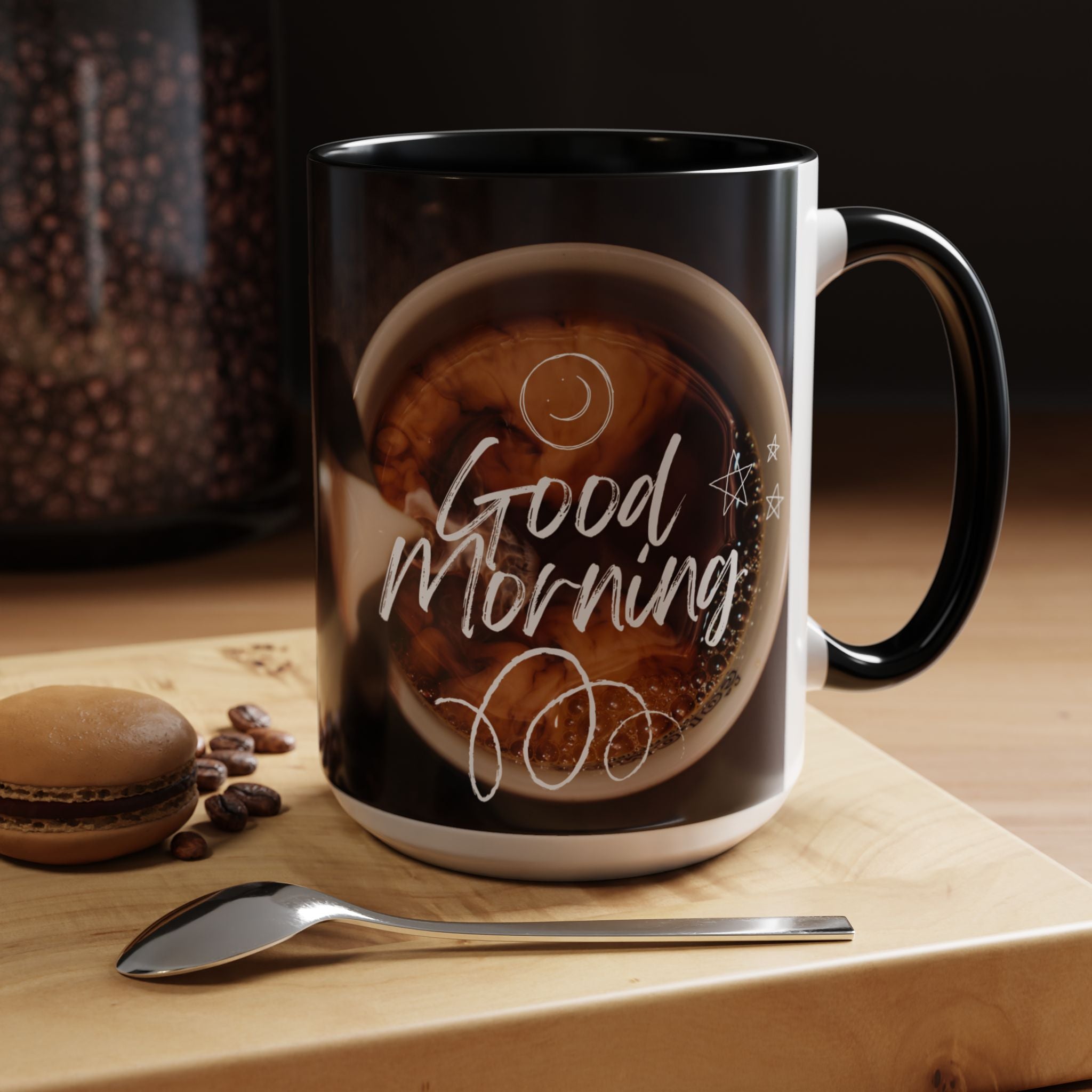 Good Morning Coffee Mug — 11/15oz Accent Ceramic Cup (Black Handle & Interior)