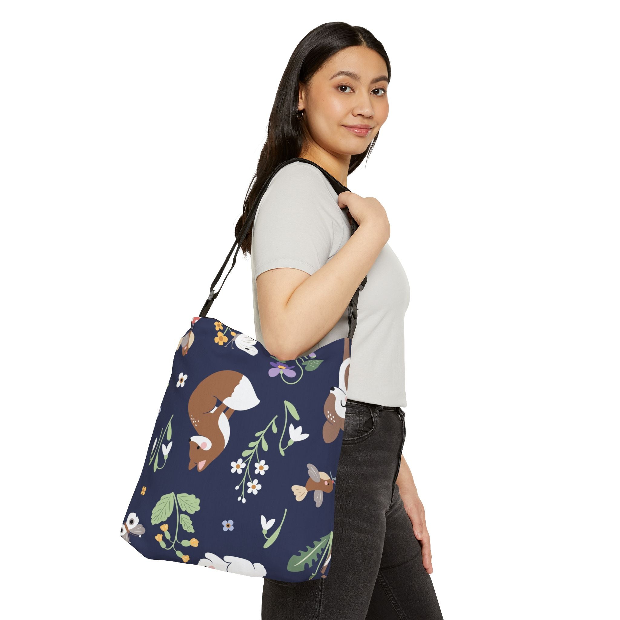 Fox Floral Adjustable Tote Bag — Cute Woodland Pattern Shoulder Bag