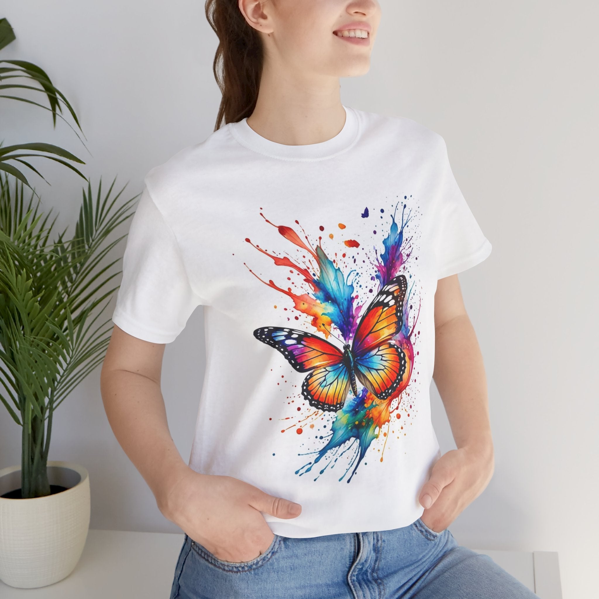 Butterfly & Floral Bike T‑Shirt — Colorful Watercolor Butterfly Front, Flower Basket Bicycle Back Tee
