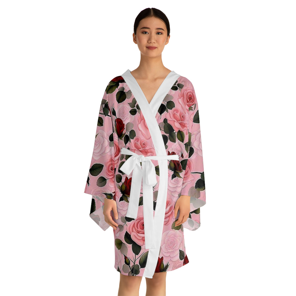 Floral Rose Kimono Robe — Pink & Red All-Over Print