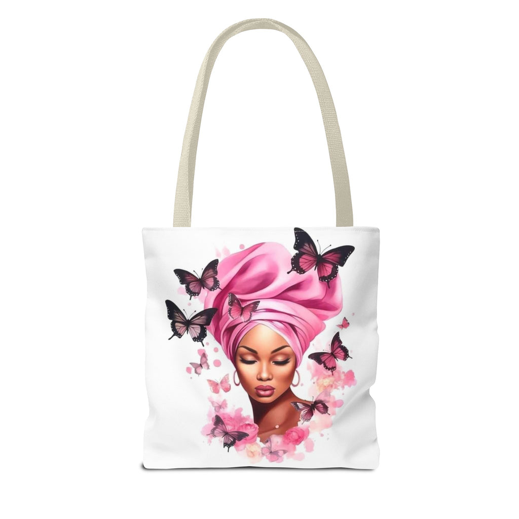 Self-Love Canvas Tote Bag — Pink Headwrap & Butterfly Afro Glam Design