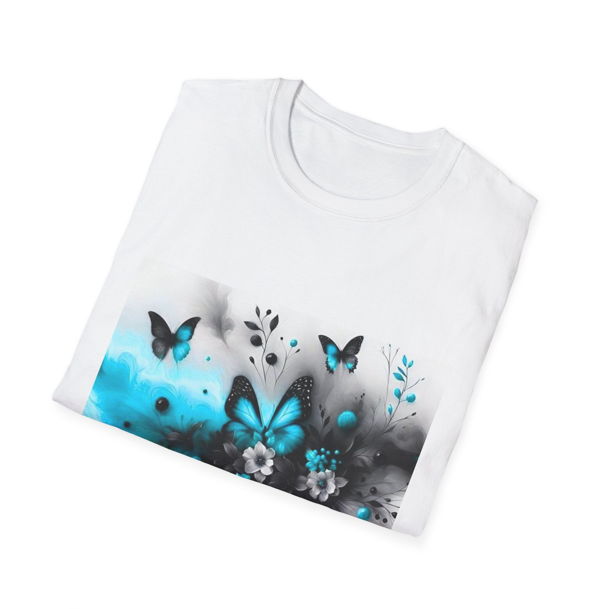 Floral Butterfly T-Shirt — Blue & Orange Watercolor Flower Graphic Tee
