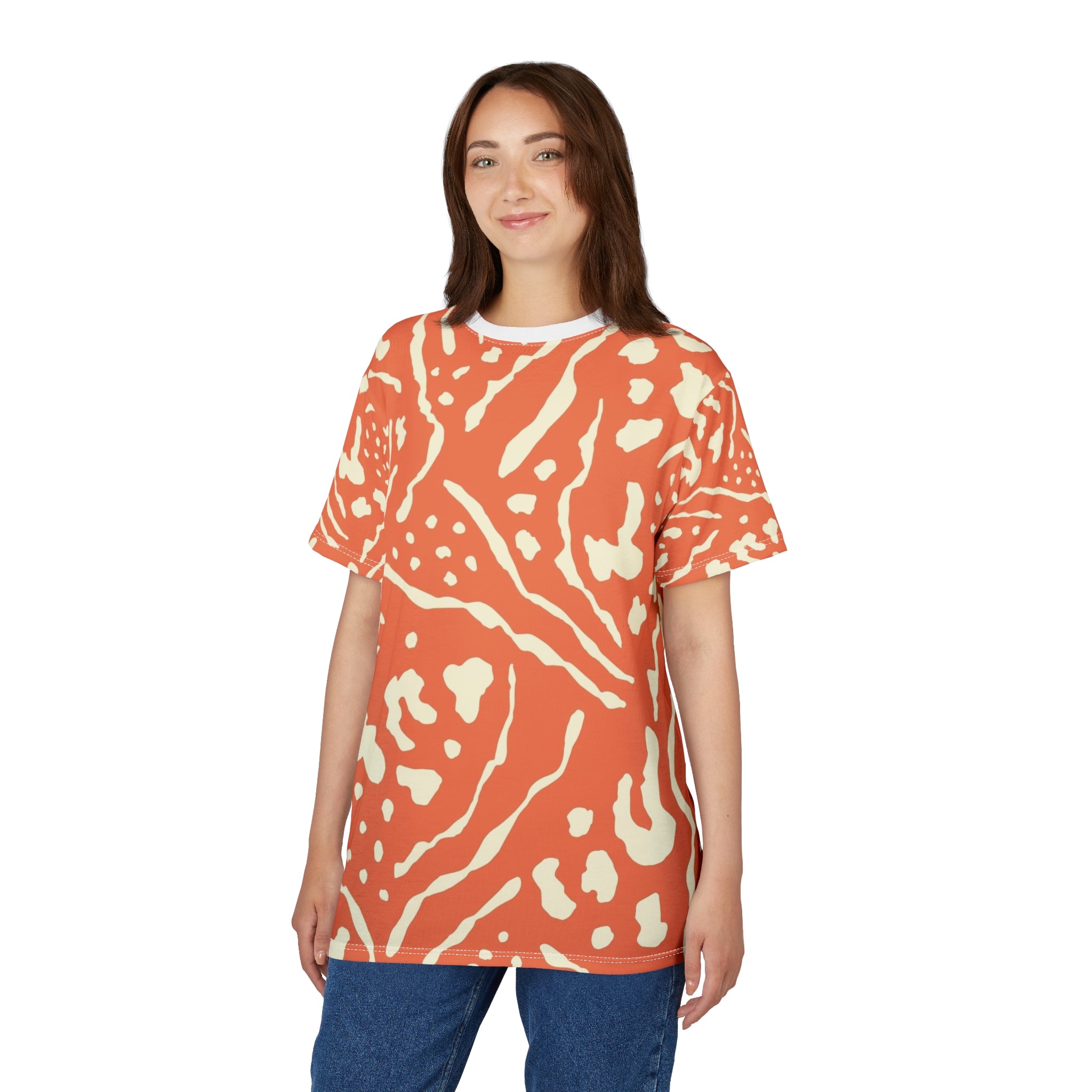 All-Over Coral Abstract Pattern Tee — Vibrant Orange Tribal Print Shirt