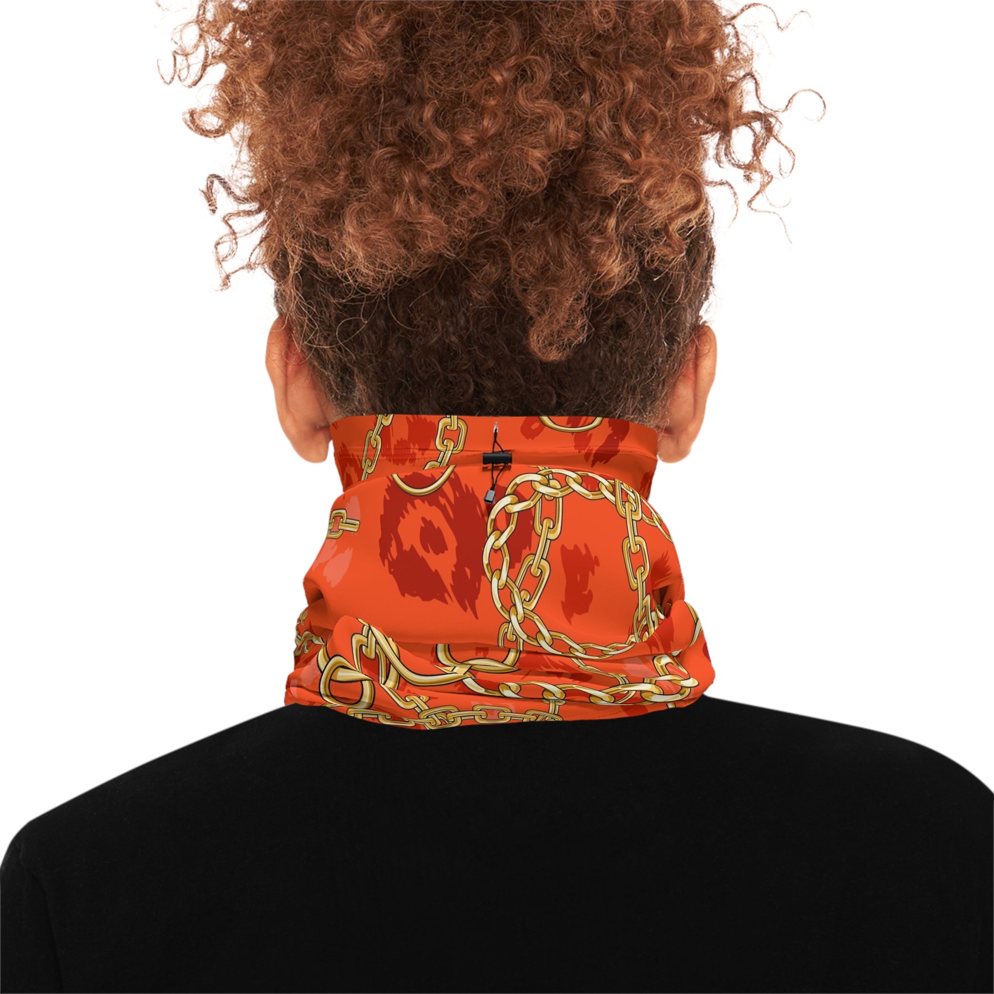 Gold Chain Print Winter Neck Gaiter — Orange Leopard Scarf with Drawstring