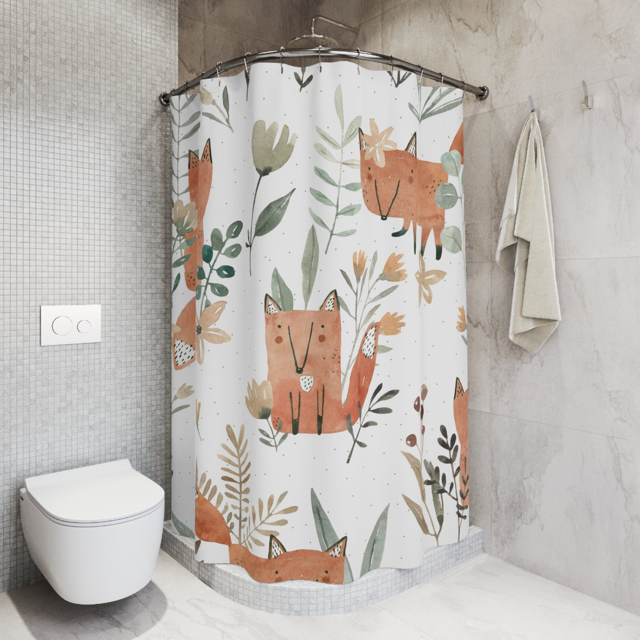 Cute Fox Floral Shower Curtain — Watercolor Woodland Kids Bathroom Decor