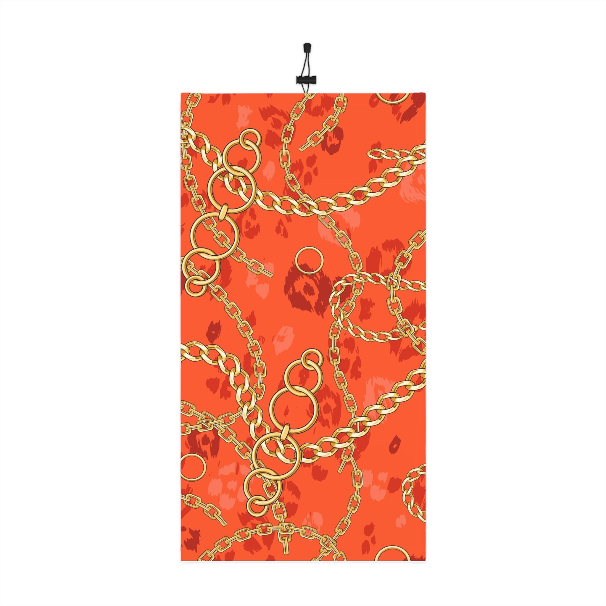 Gold Chain Print Winter Neck Gaiter — Orange Leopard Scarf with Drawstring