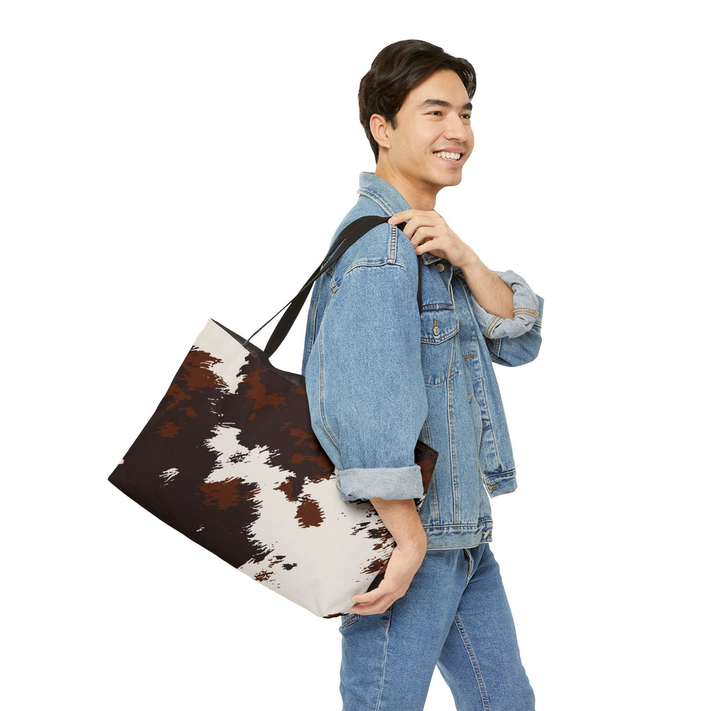 Cowhide Print Weekender Tote Bag — Brown & White Faux Cowhide Travel Tote