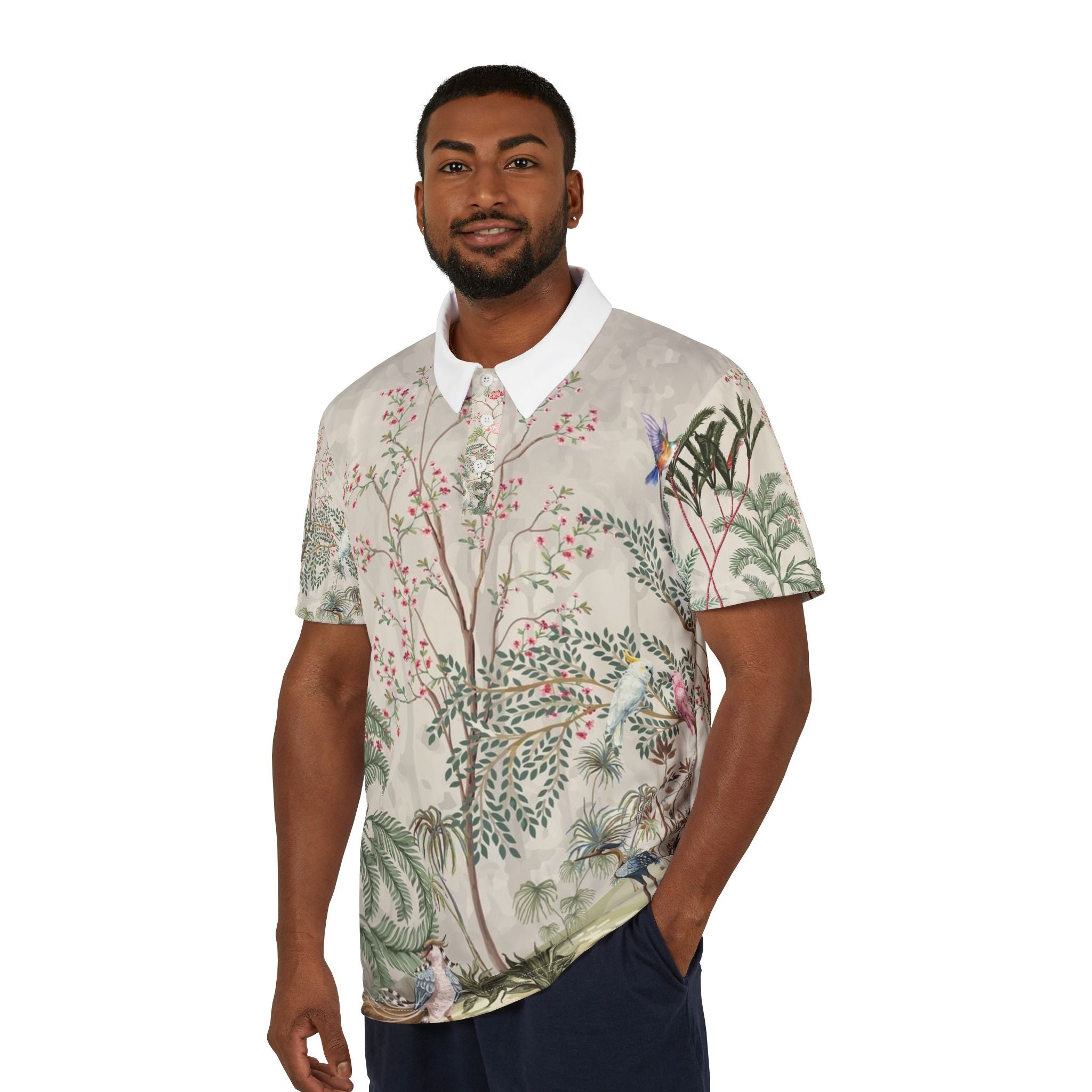 Floral Chinoiserie Polo Shirt — Vintage Botanical All-Over Print
