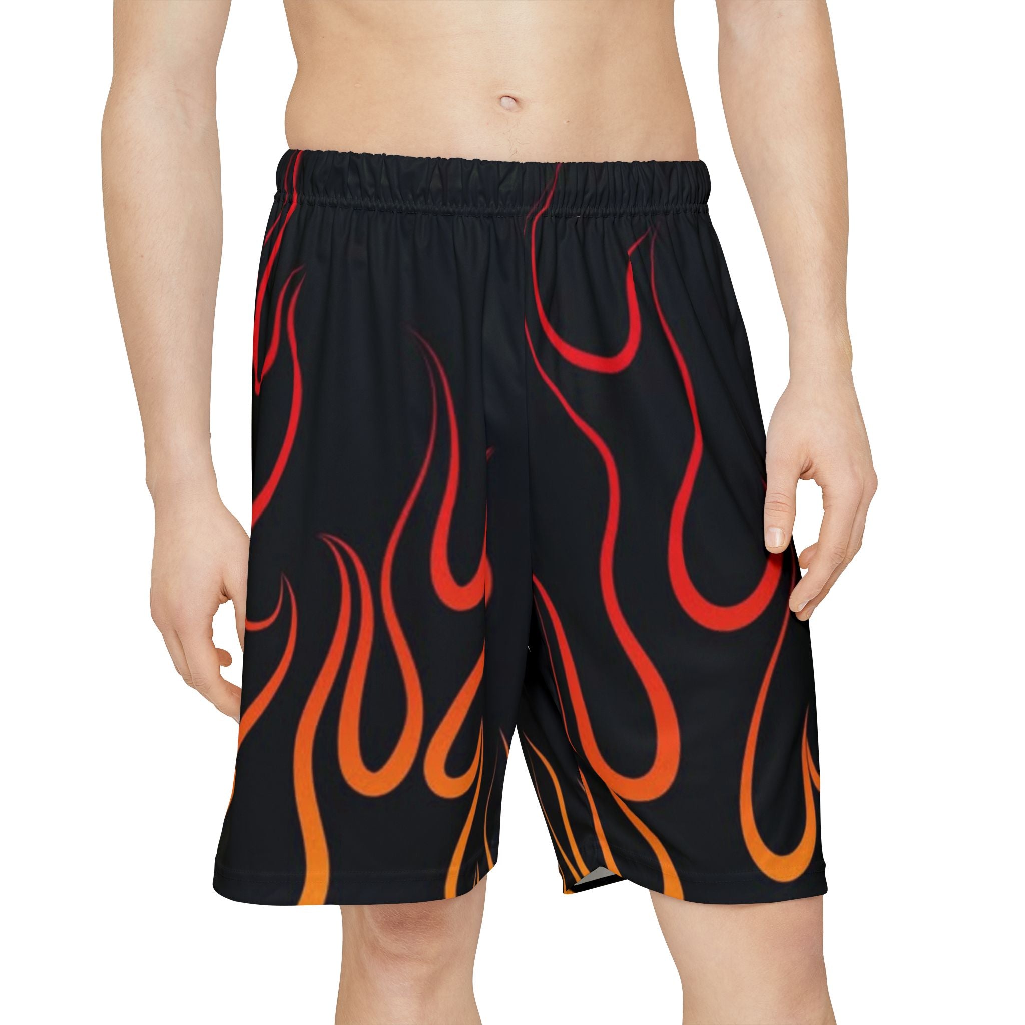 Flame Print Athletic Shorts — Retro Red & Orange Fire Pattern