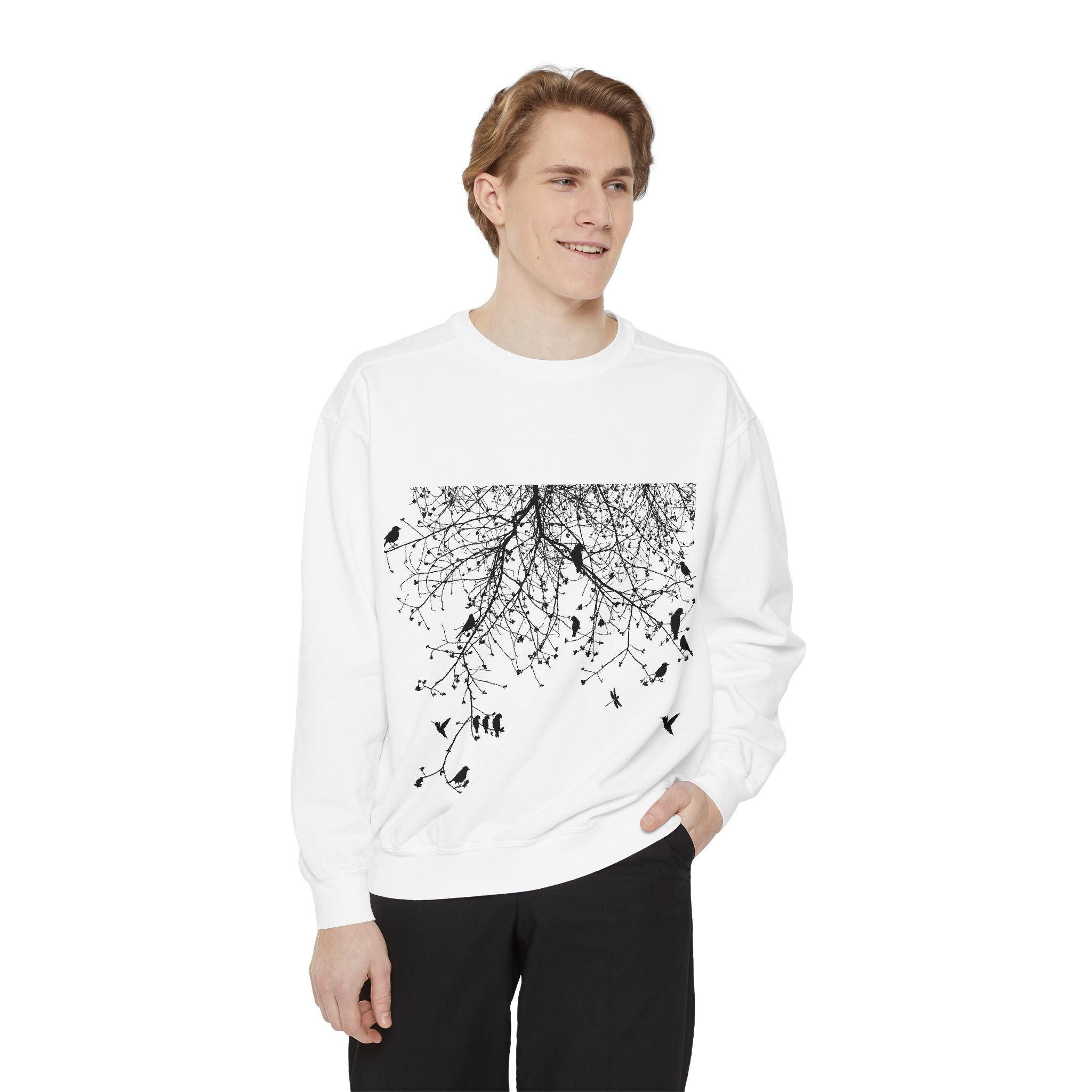 Floral & Flock Sweatshirt — Botanical Meadow Front with Birds Back