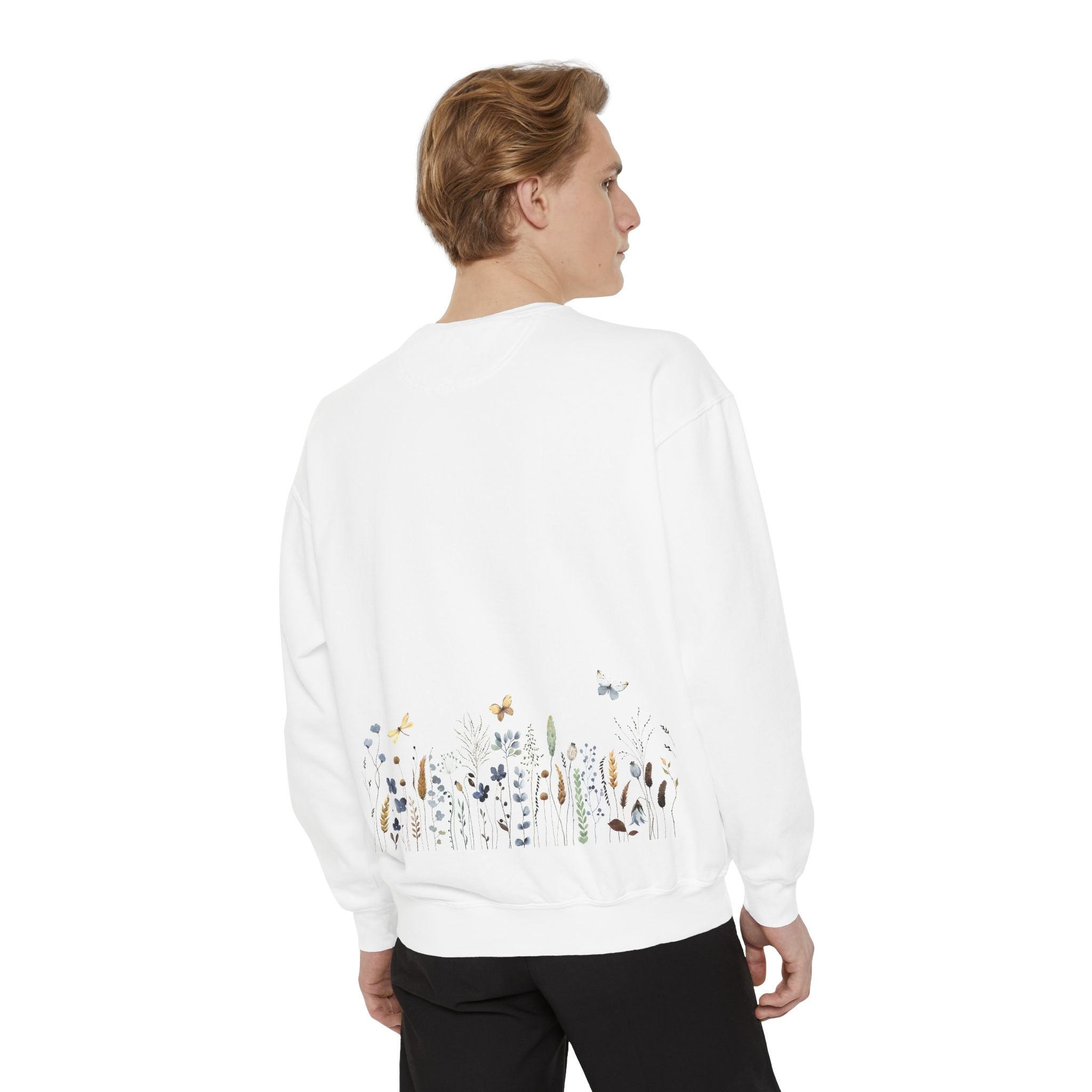 Floral & Flock Sweatshirt — Botanical Meadow Front with Birds Back