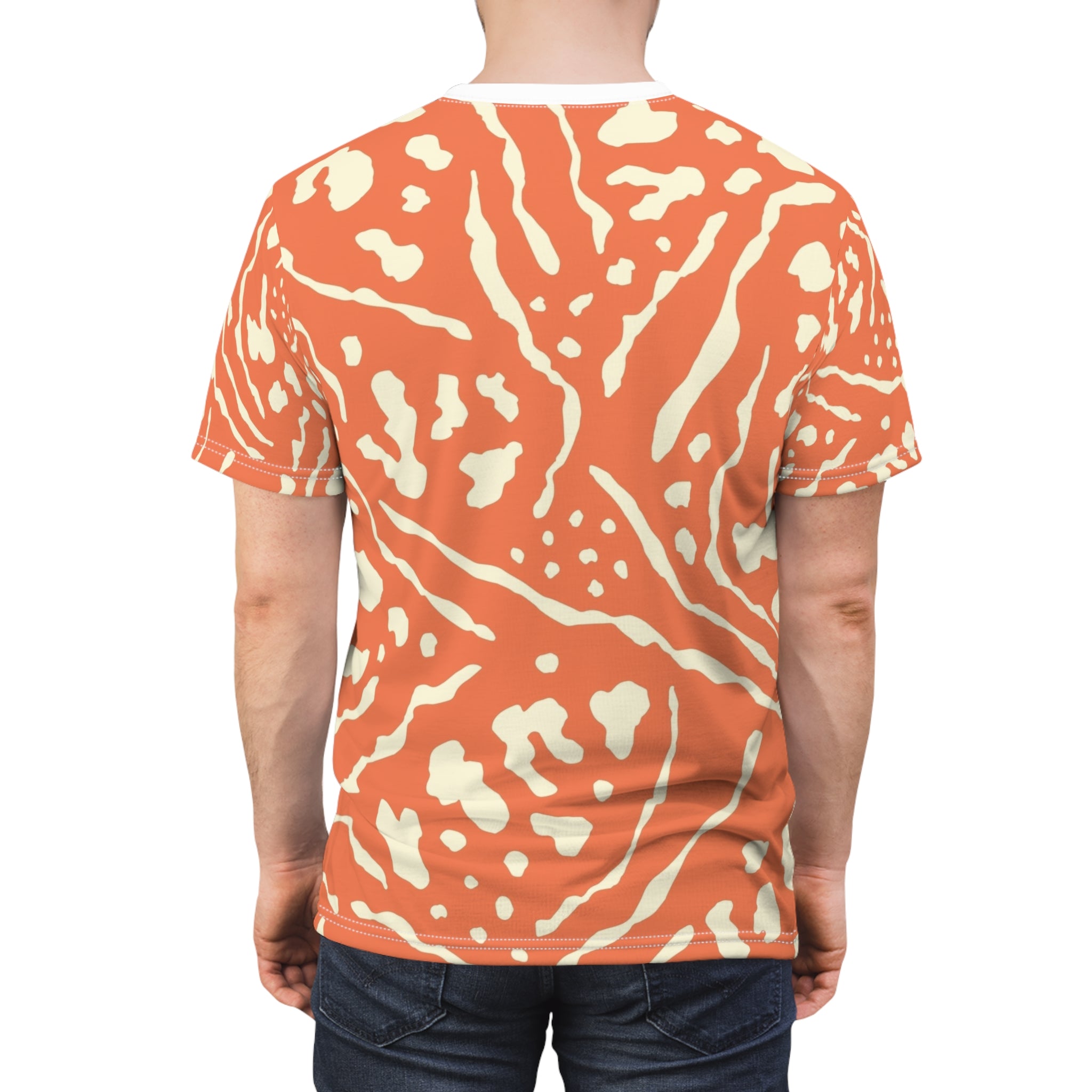All-Over Coral Abstract Pattern Tee — Vibrant Orange Tribal Print Shirt