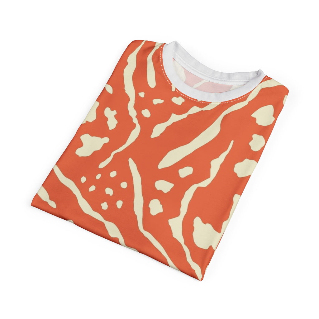 All-Over Coral Abstract Pattern Tee — Vibrant Orange Tribal Print Shirt