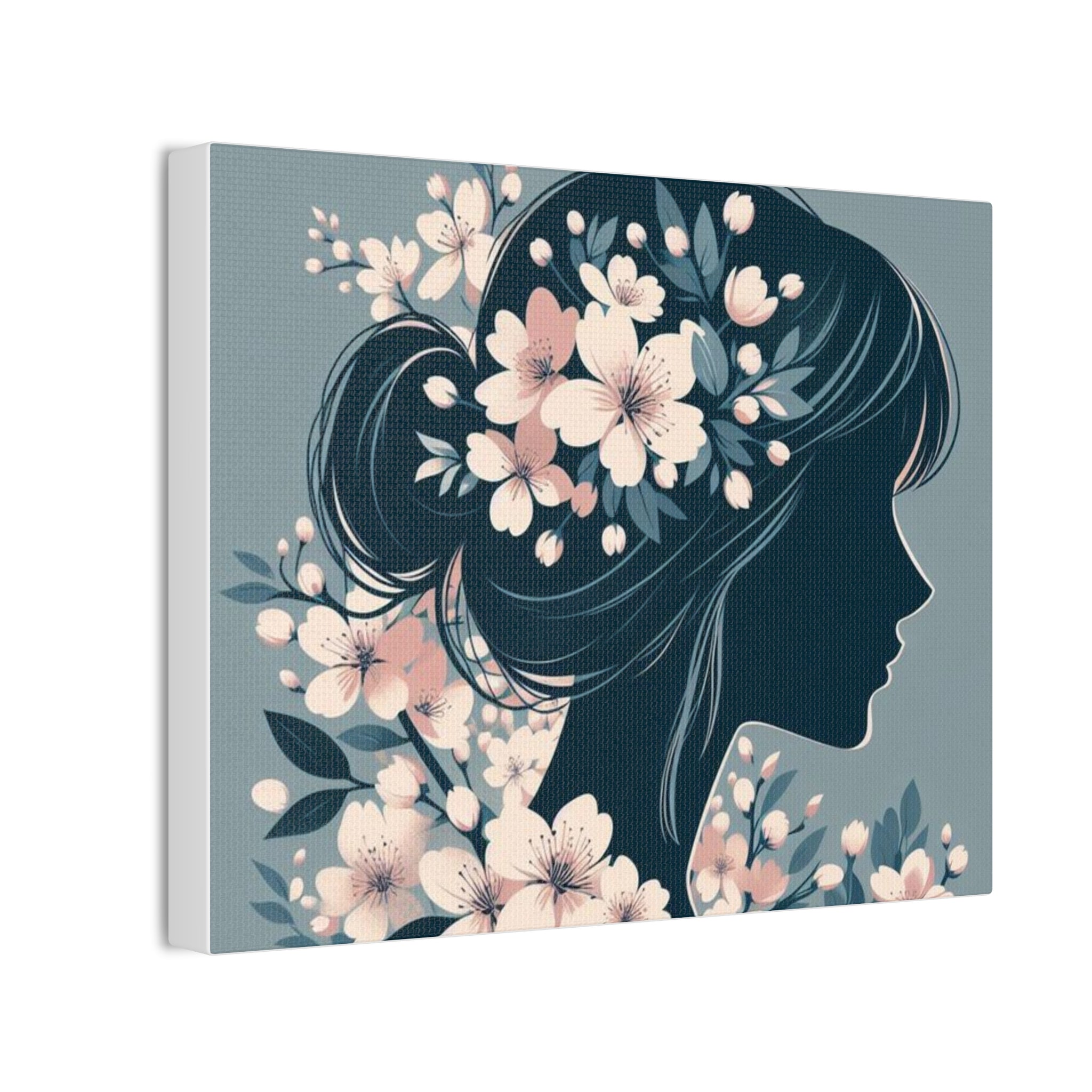Floral Silhouette Canvas Art — Woman Profile with Cherry Blossoms