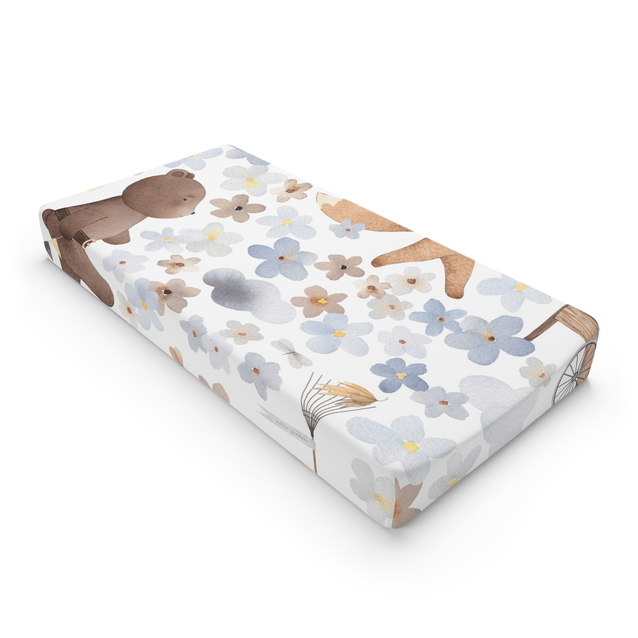 Floral Adventure Baby Changing Pad Cover — Neutral Woodland Bear & Blue Blossoms