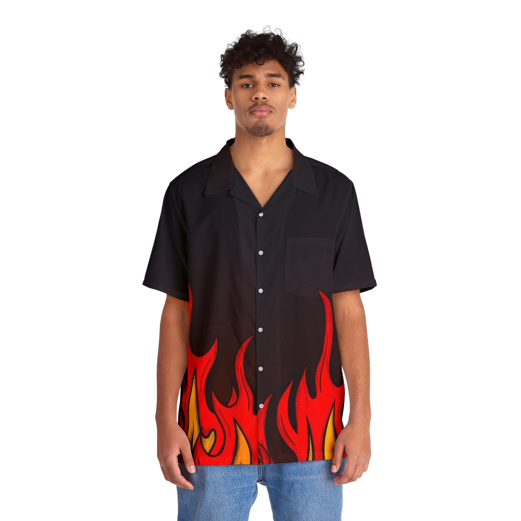 Flame Graphic Hawaiian Shirt — Men’s Retro Fire Print Camp Shirt
