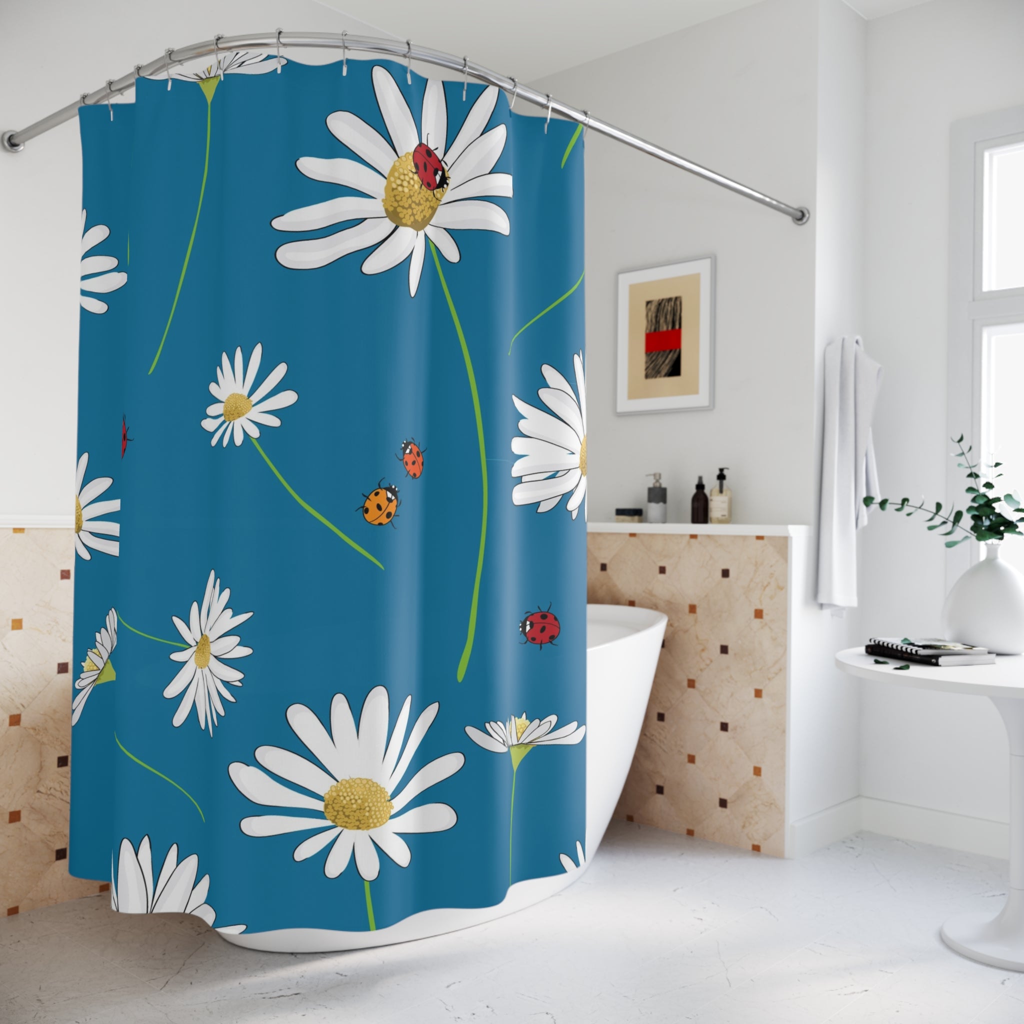 Daisy & Ladybug Shower Curtain – Blue Floral Bathroom Décor
