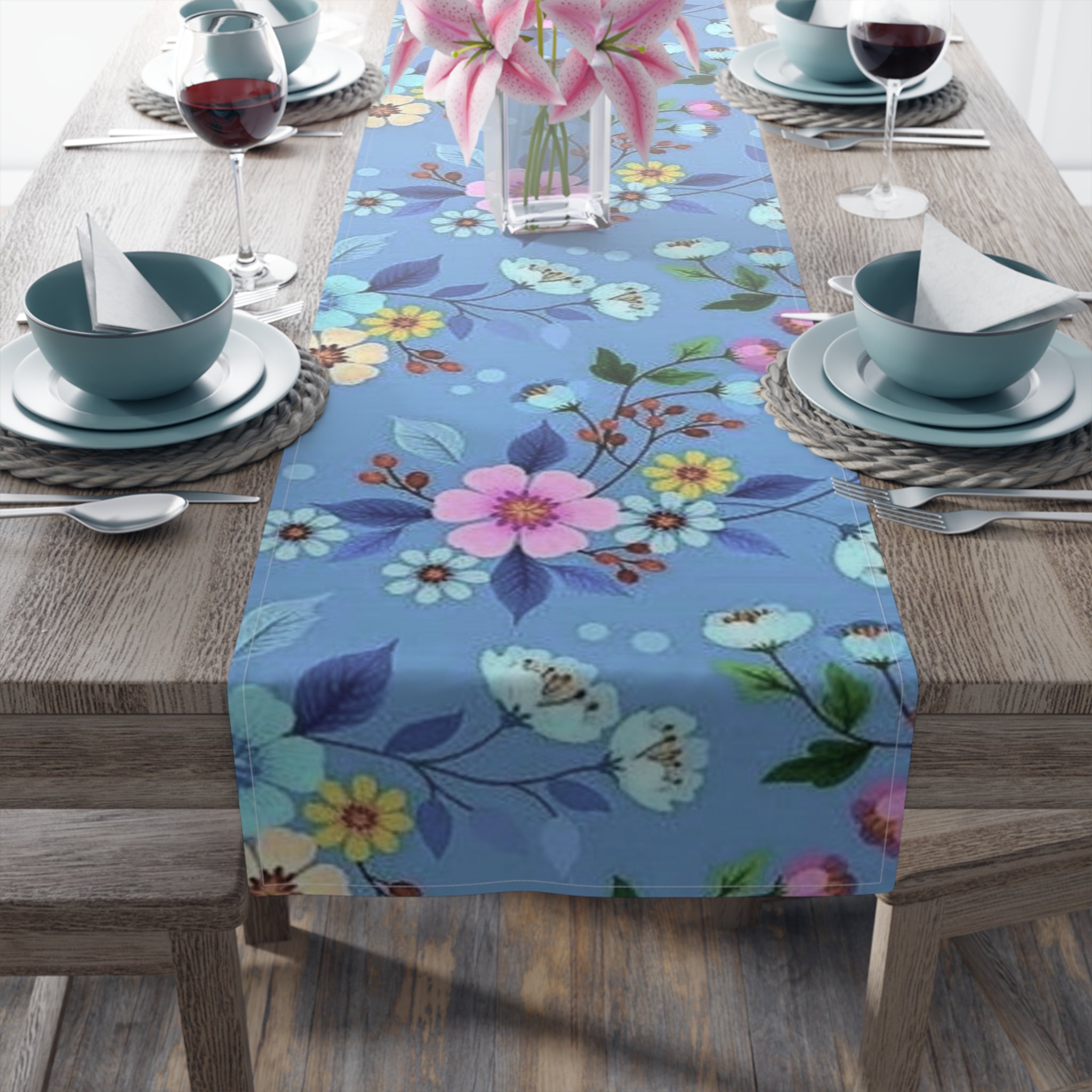 Blue Floral Table Runner – Spring Garden Cotton-Blend Dining Decor