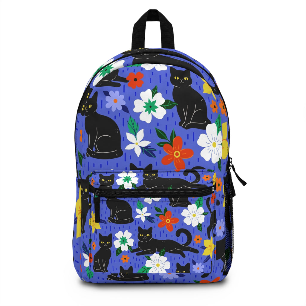 Black Cat Floral Backpack — Cute Cat Pattern School & Daypack