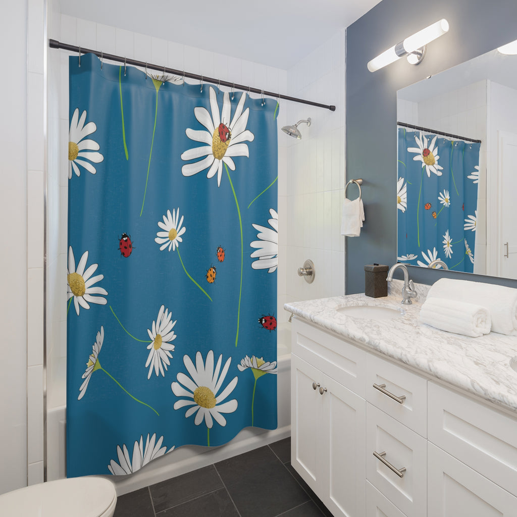 Daisy & Ladybug Shower Curtain – Blue Floral Bathroom Décor