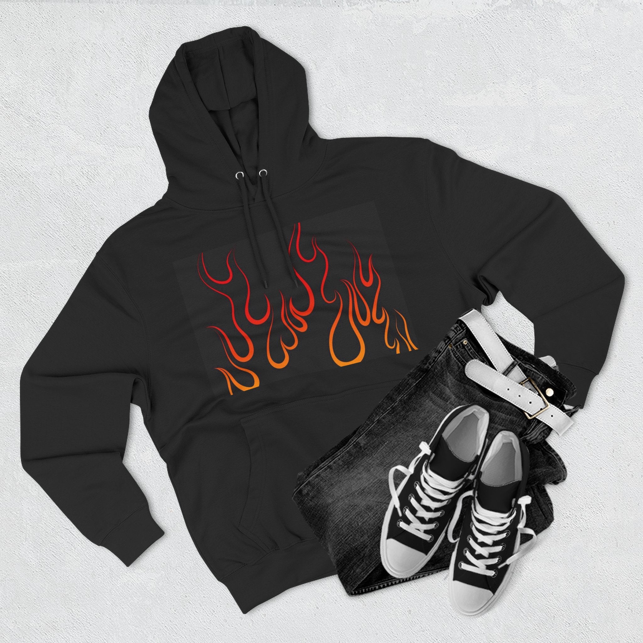Flaming Flames Hoodie — Retro Orange Red Flame Graphic Fleece Hoodie