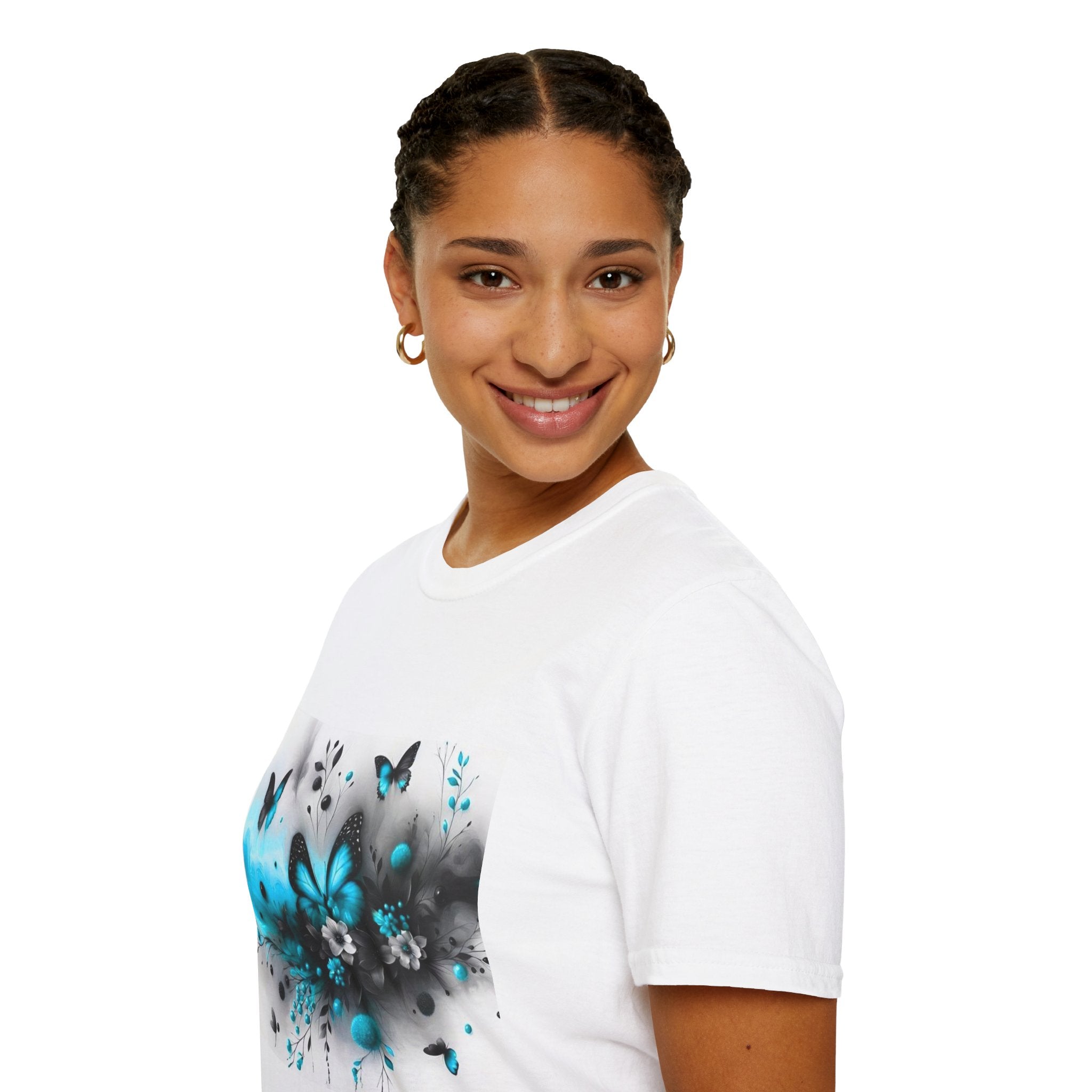 Floral Butterfly T-Shirt — Blue & Orange Watercolor Flower Graphic Tee