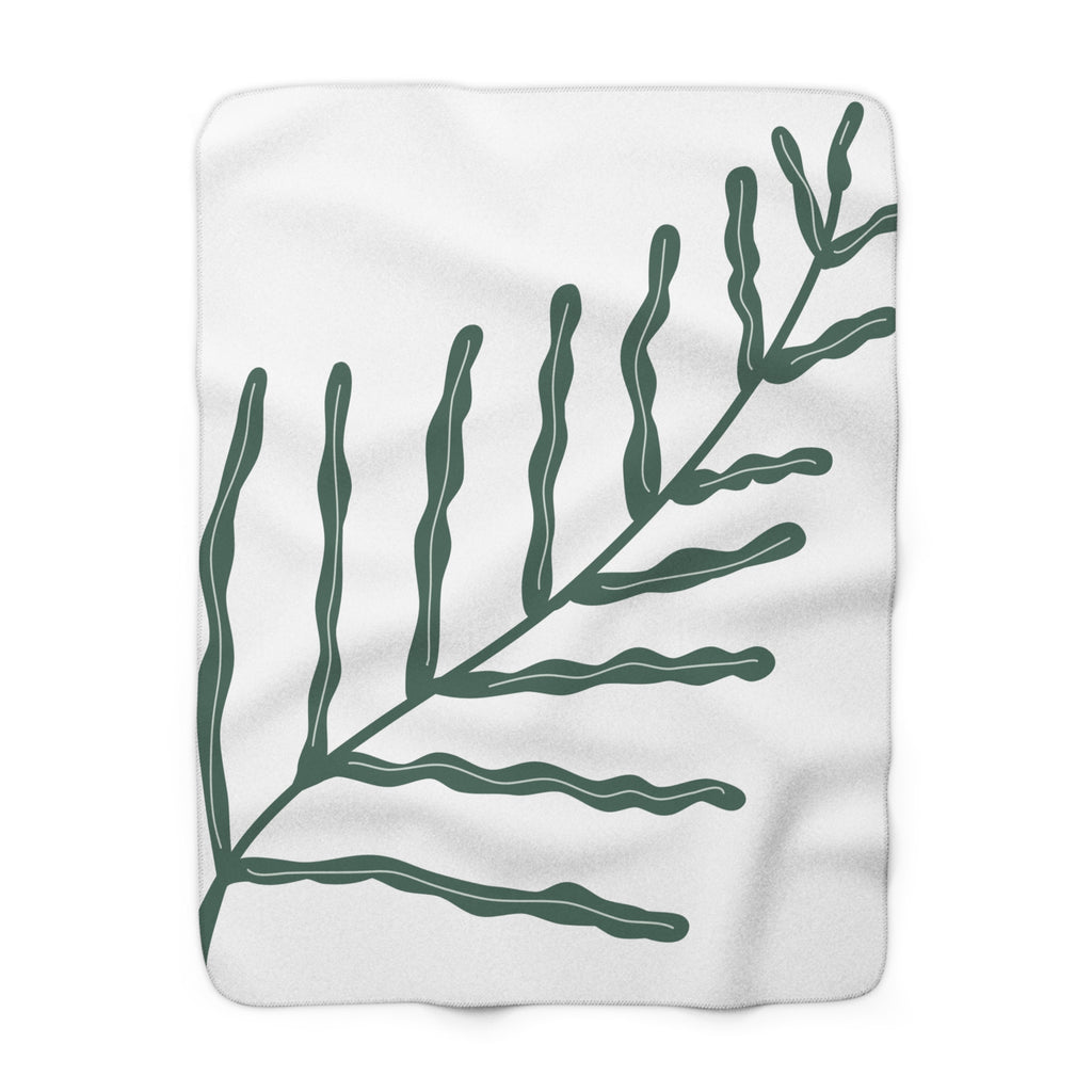 Botanical Sherpa Fleece Blanket — Minimal Green Leaf Cozy Throw