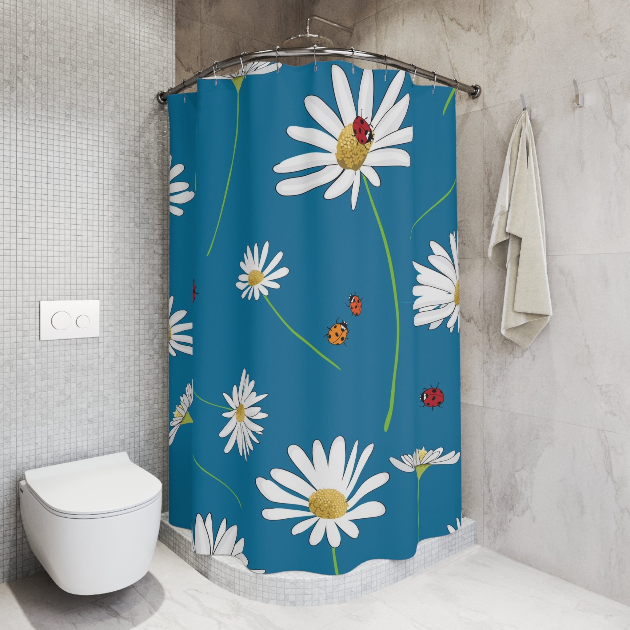Daisy & Ladybug Shower Curtain – Blue Floral Bathroom Décor