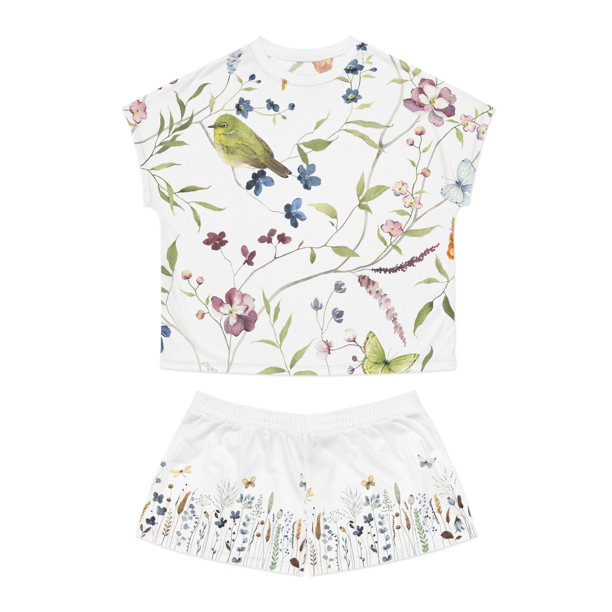 Floral Bird Women’s Short Pajama Set – Watercolor Wildflower Sleepwear