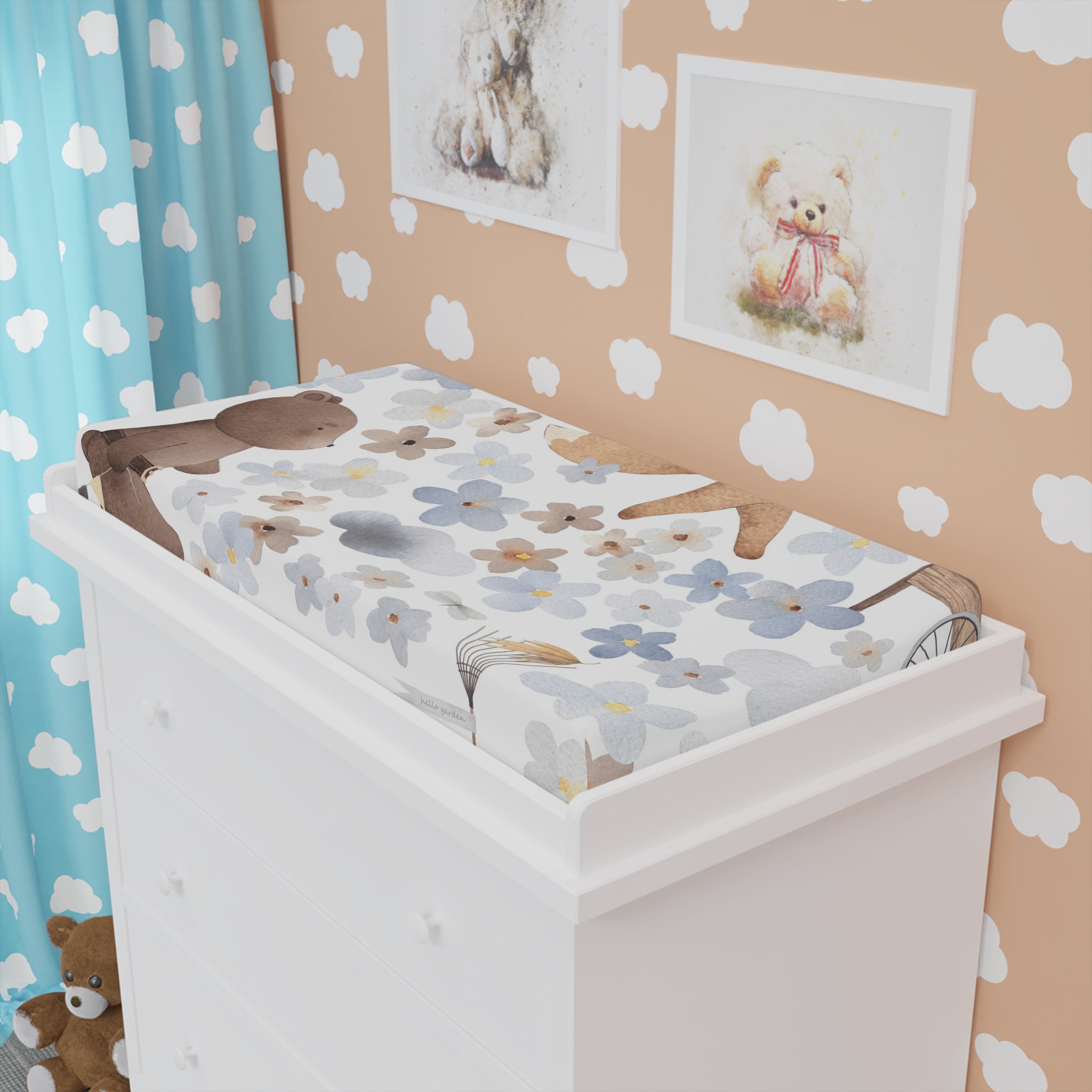 Floral Adventure Baby Changing Pad Cover — Neutral Woodland Bear & Blue Blossoms
