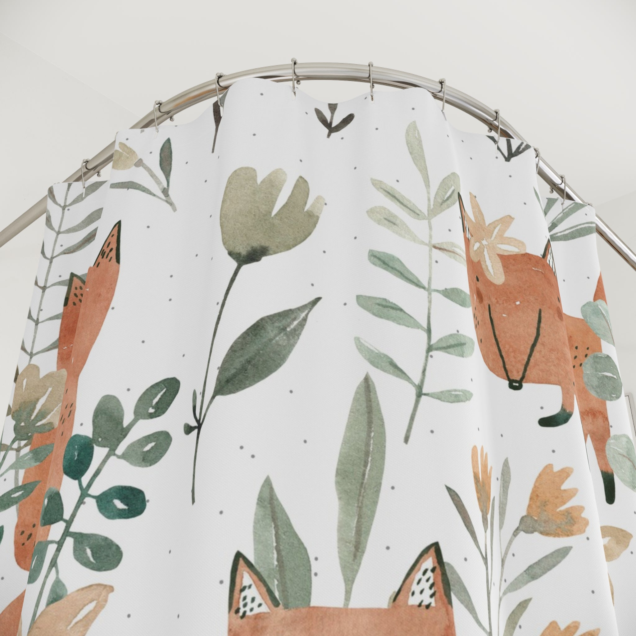 Cute Fox Floral Shower Curtain — Watercolor Woodland Kids Bathroom Decor