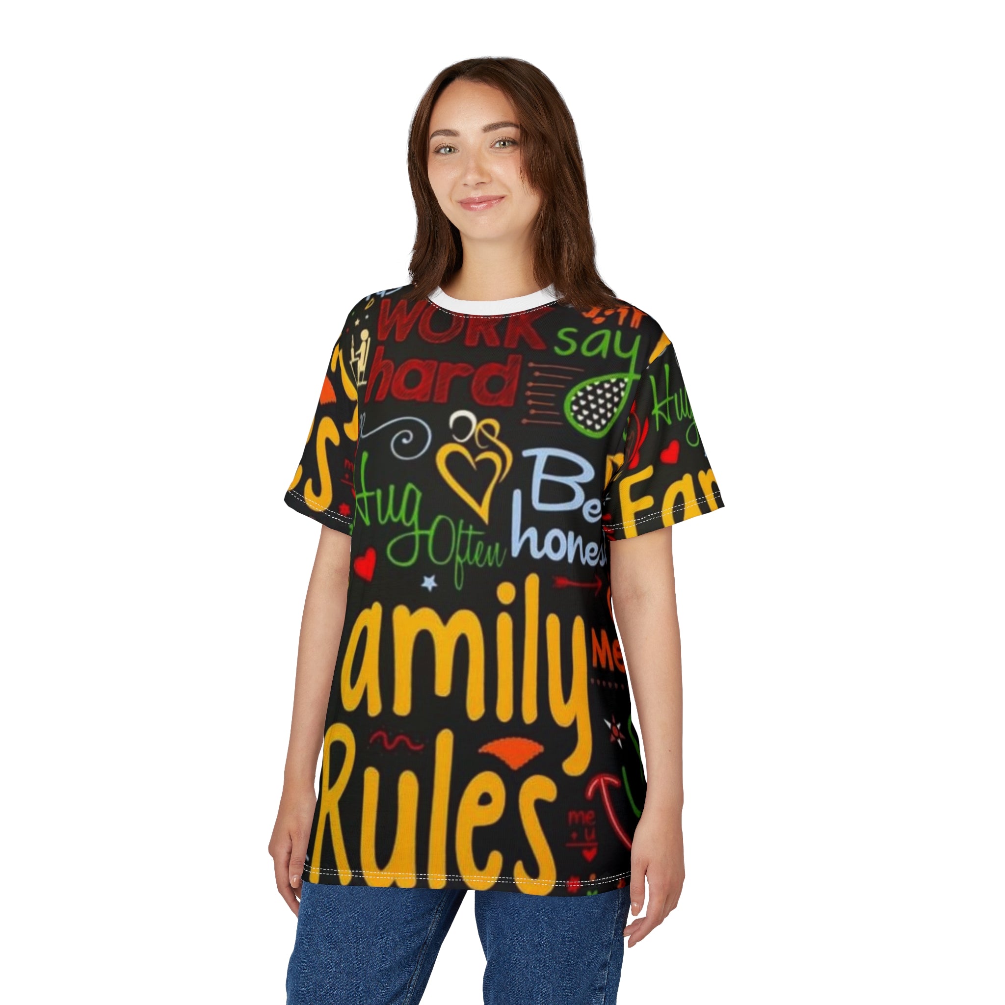 Family Rules Graphic Tee — Colorful Positive Message All-Over Print
