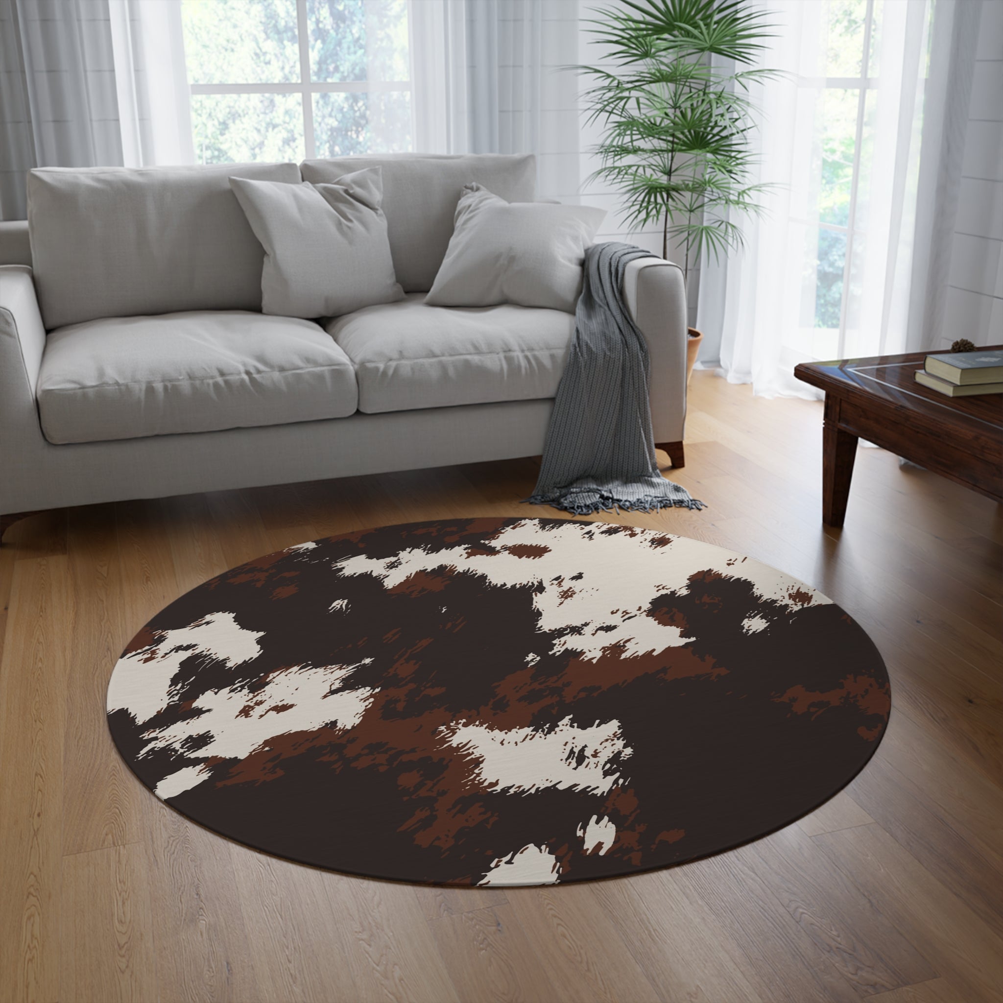 Cowhide Round Rug — Rustic Brown & White Animal Print Accent Mat