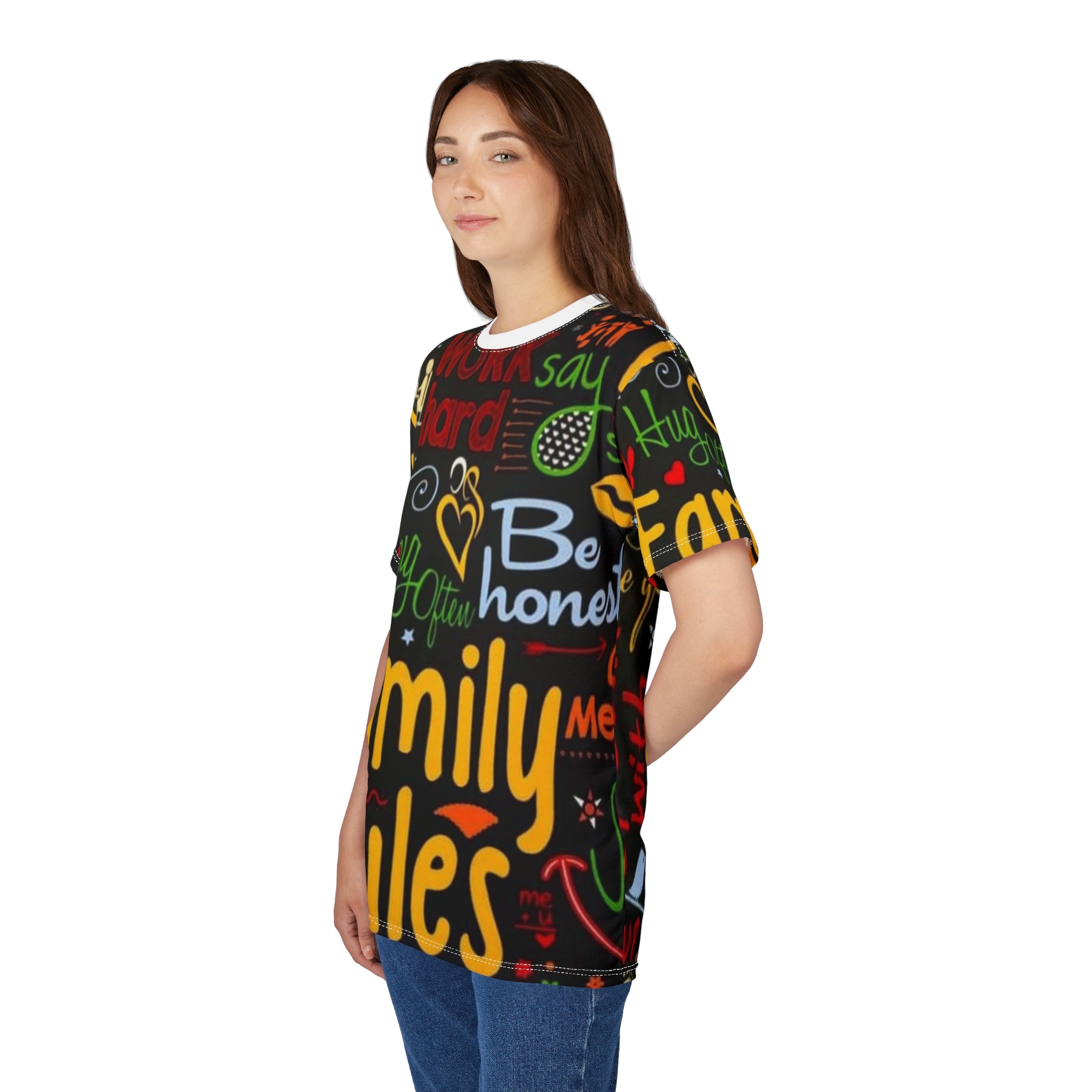Family Rules Graphic Tee — Colorful Positive Message All-Over Print