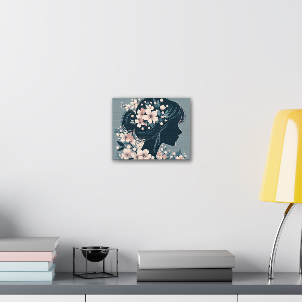Floral Silhouette Canvas Art — Woman Profile with Cherry Blossoms