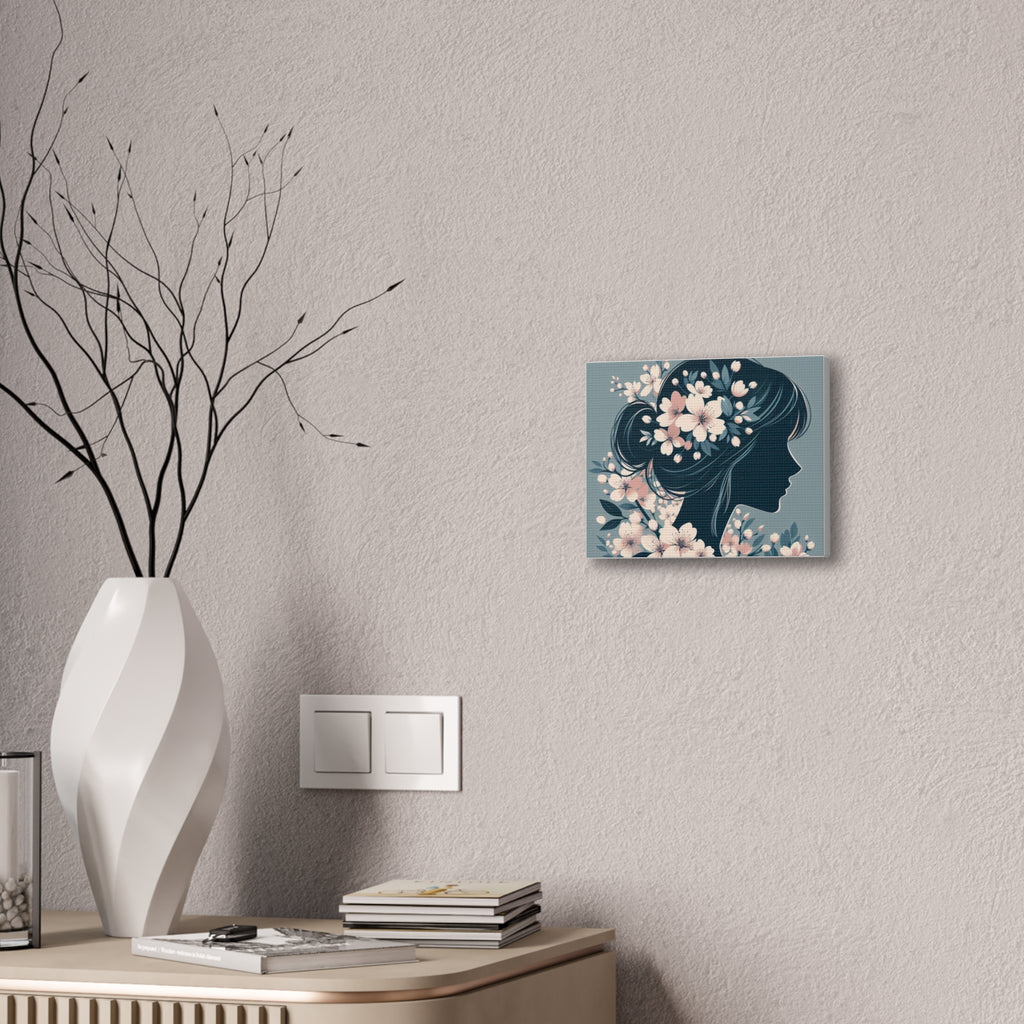 Floral Silhouette Canvas Art — Woman Profile with Cherry Blossoms