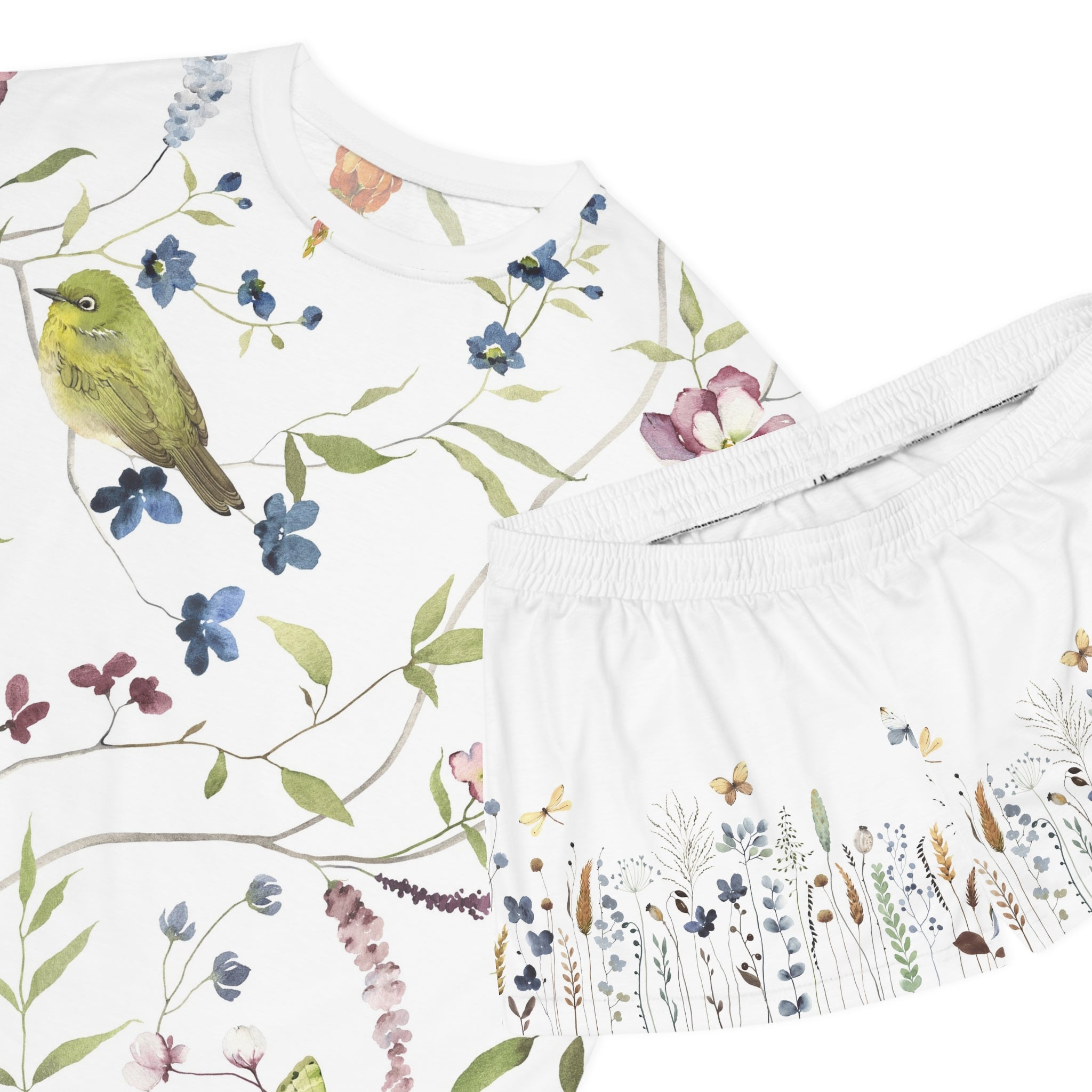 Floral Bird Women’s Short Pajama Set – Watercolor Wildflower Sleepwear