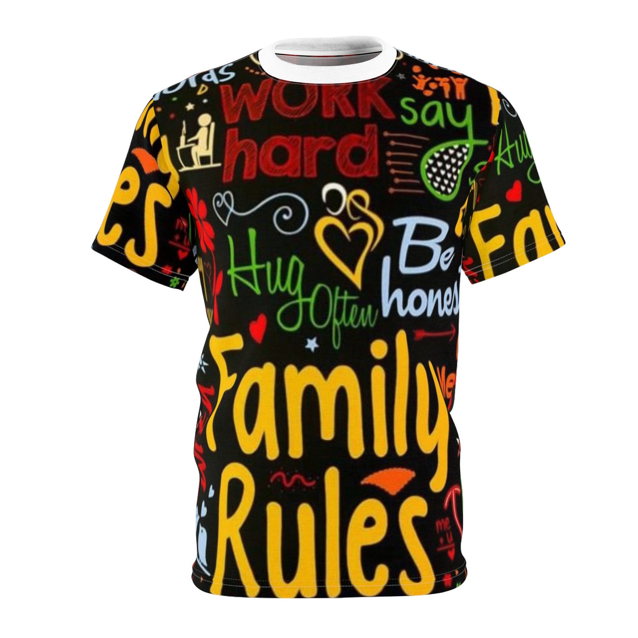 Family Rules Graphic Tee — Colorful Positive Message All-Over Print