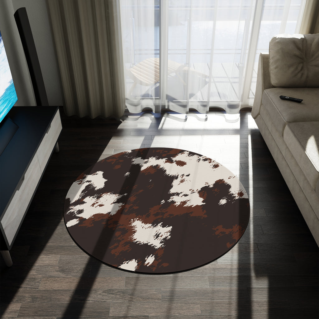 Cowhide Round Rug — Rustic Brown & White Animal Print Accent Mat