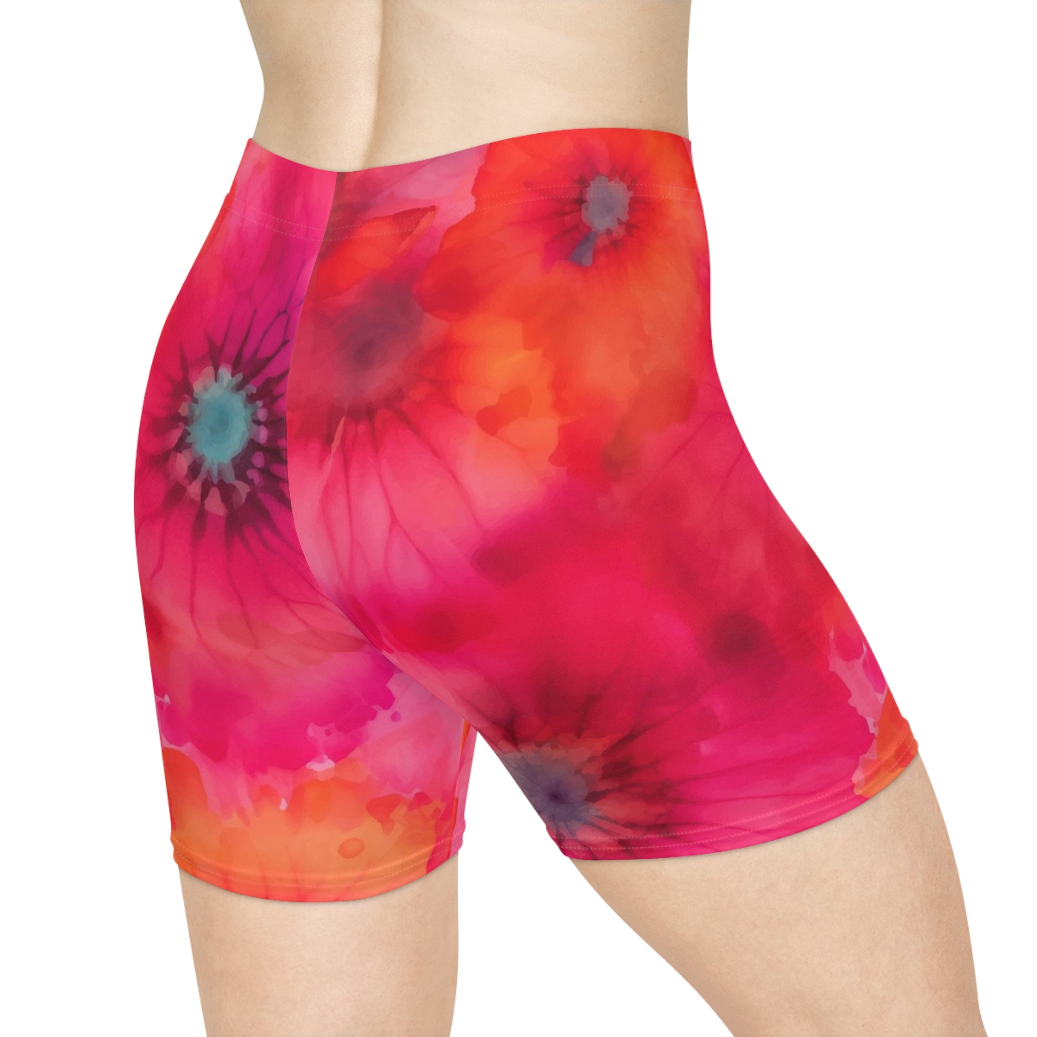 Floral Watercolor Biker Shorts — Pink Orange Daisy All-Over Print